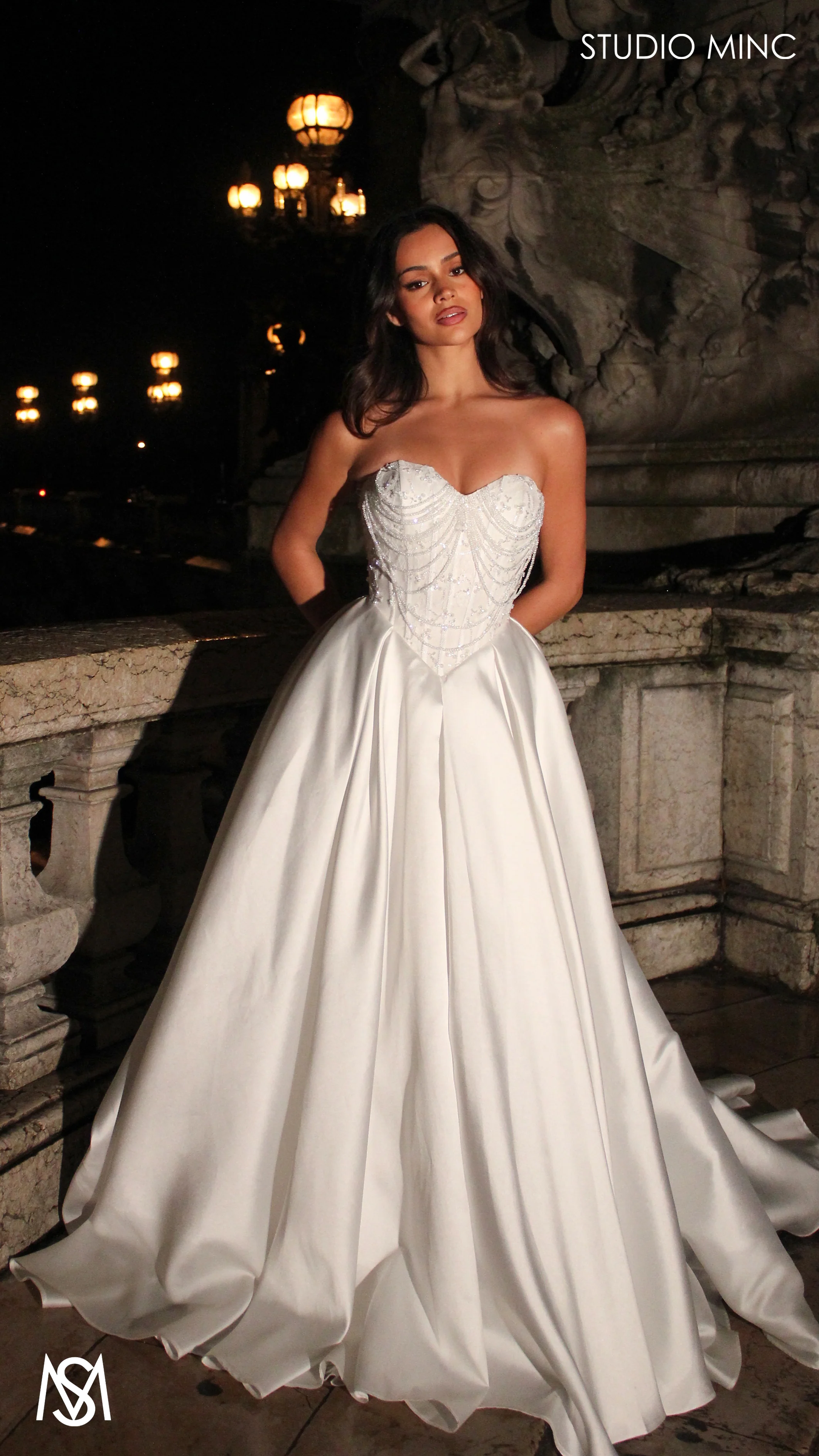 Amelie - White Wedding Dress | Beaded Corset Basque Waist Mikado Satin Gown - Image 7