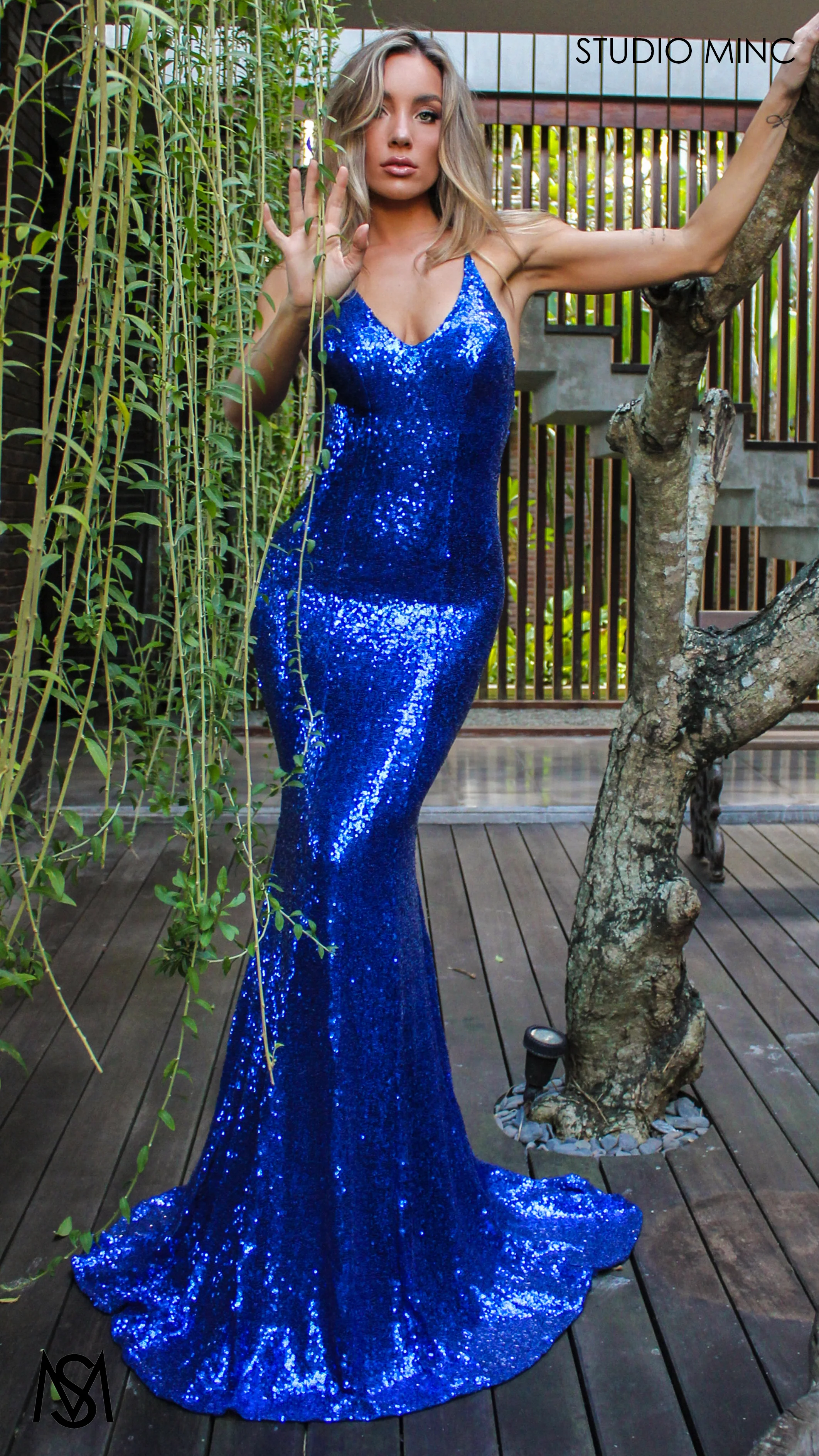 Angel - Cobalt Blue Formal Dress, Sequin V Neckline Backless embellished Fitted Mermaid - Image 5