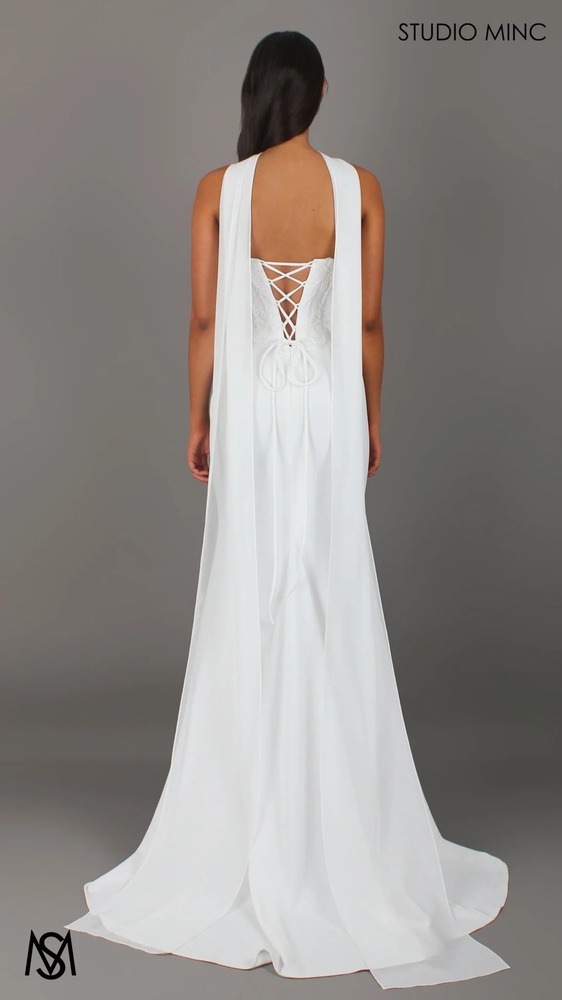 August - White Wedding Dress | Beaded Corset Fitted Mermaid Neck Scarf - Image 5