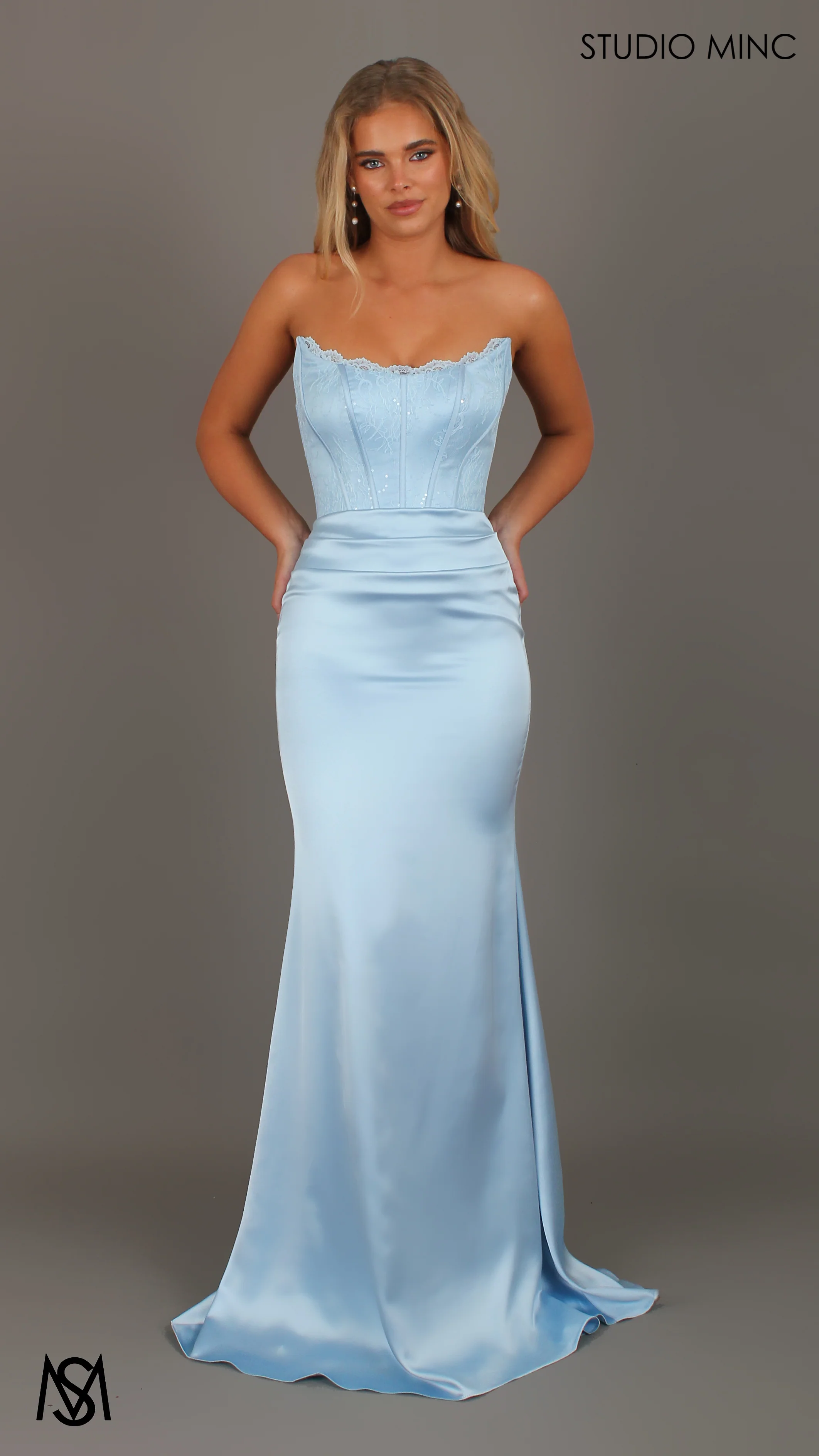 Bella - Light Blue Formal Dress, Strapless lace Corset, fitted pleated satin skirt - Image 3