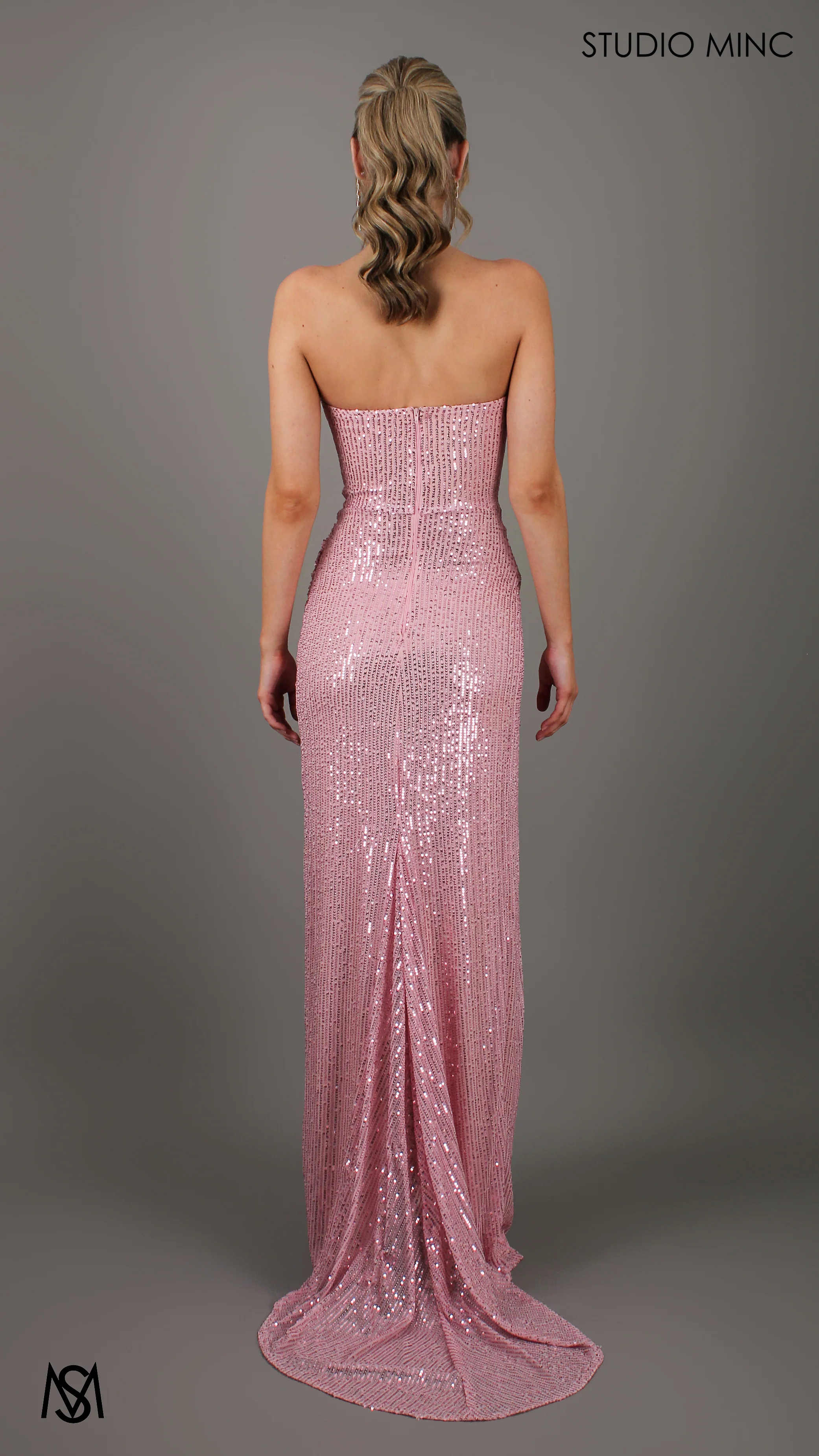 MUSE - Blush Pink Sequin Formal Dress with Strapless Corset & Leg Split - Image 4