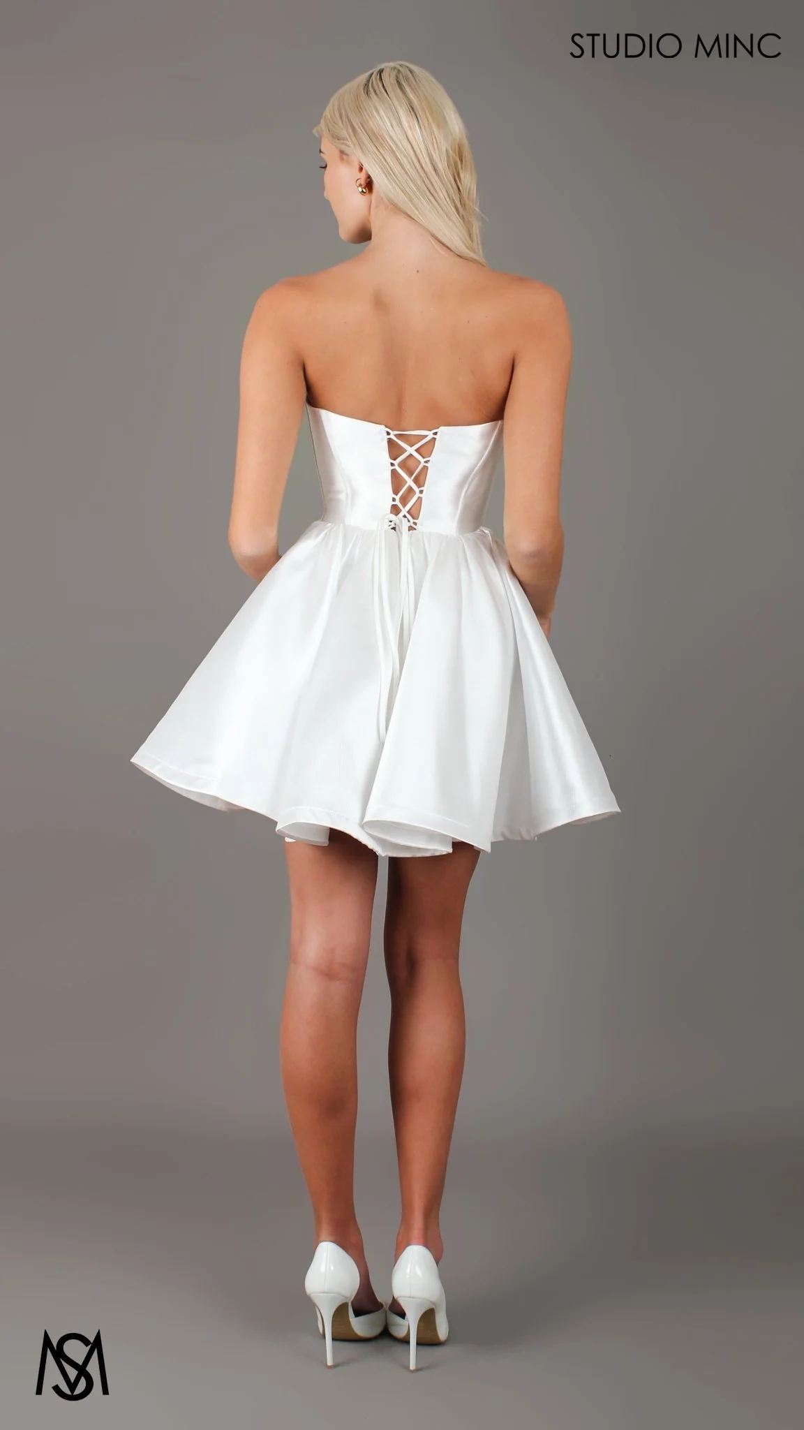 Capri Mini - Bridal Mini | White Satin Strapless Corset Mini Party Dress - Image 3