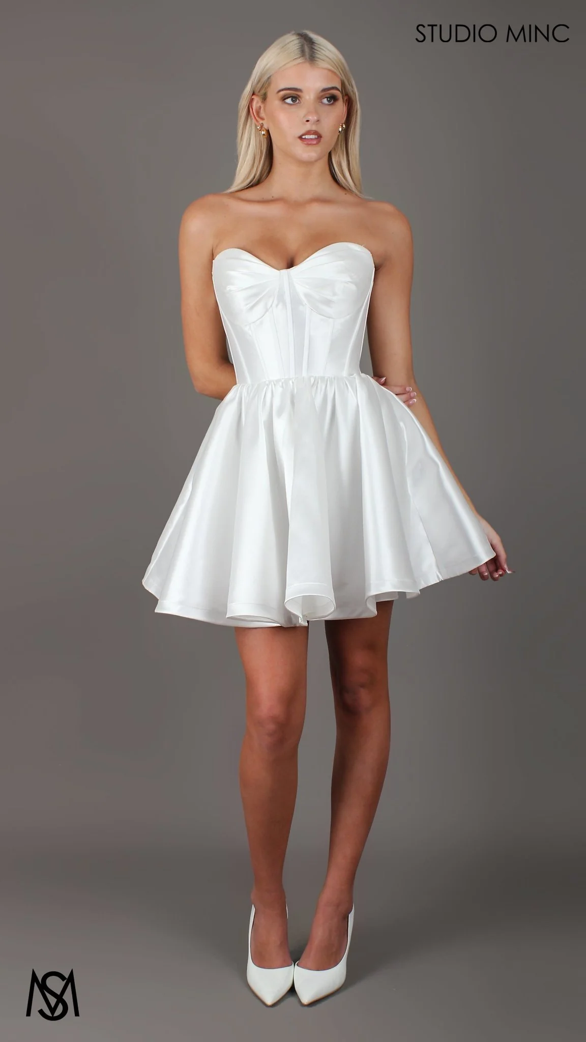 Capri Mini - Bridal Mini | White Satin Strapless Corset Mini Party Dress - Image 4