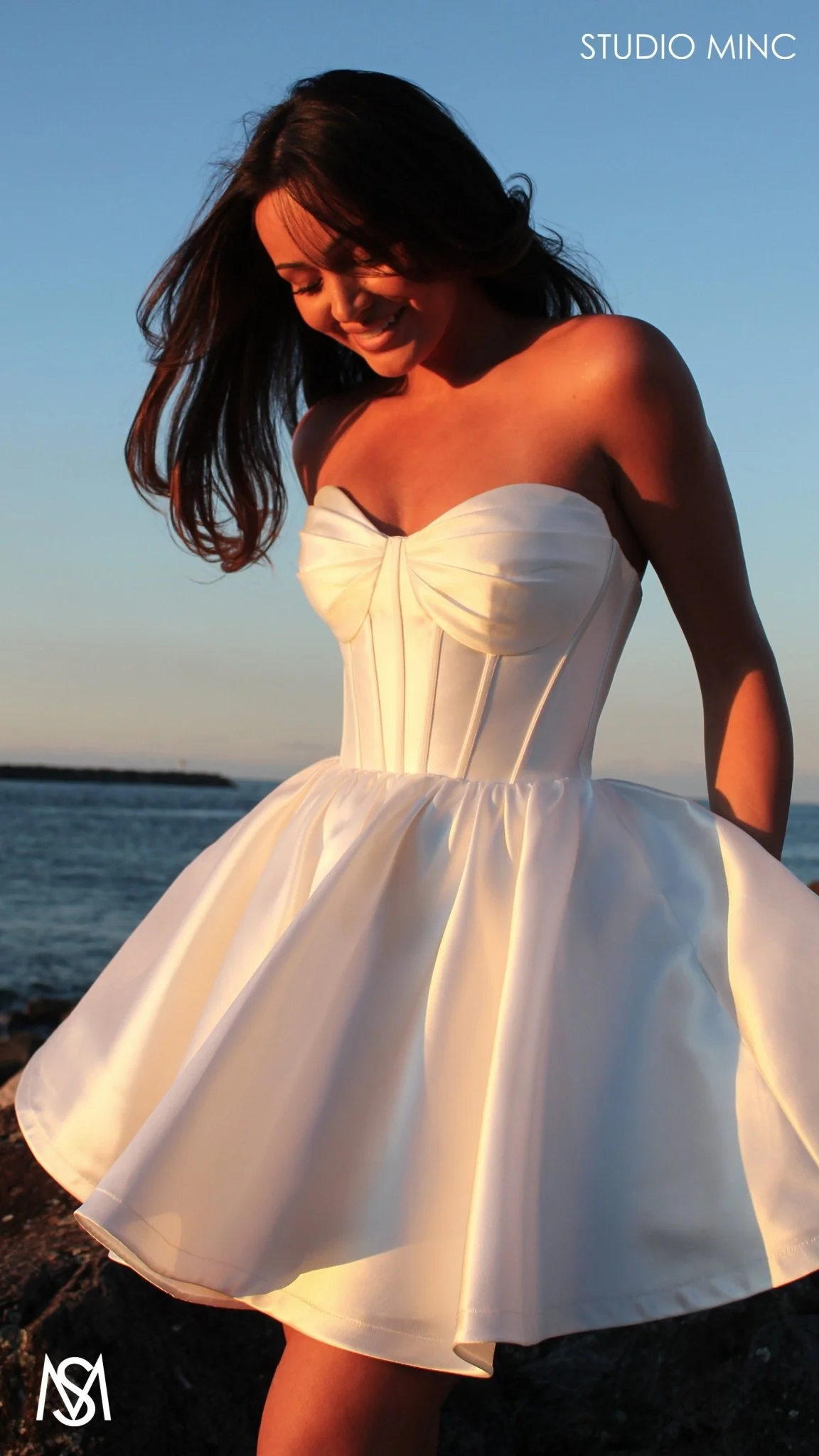 Capri Mini - Bridal Mini | White Satin Strapless Corset Mini Party Dress - Image 5