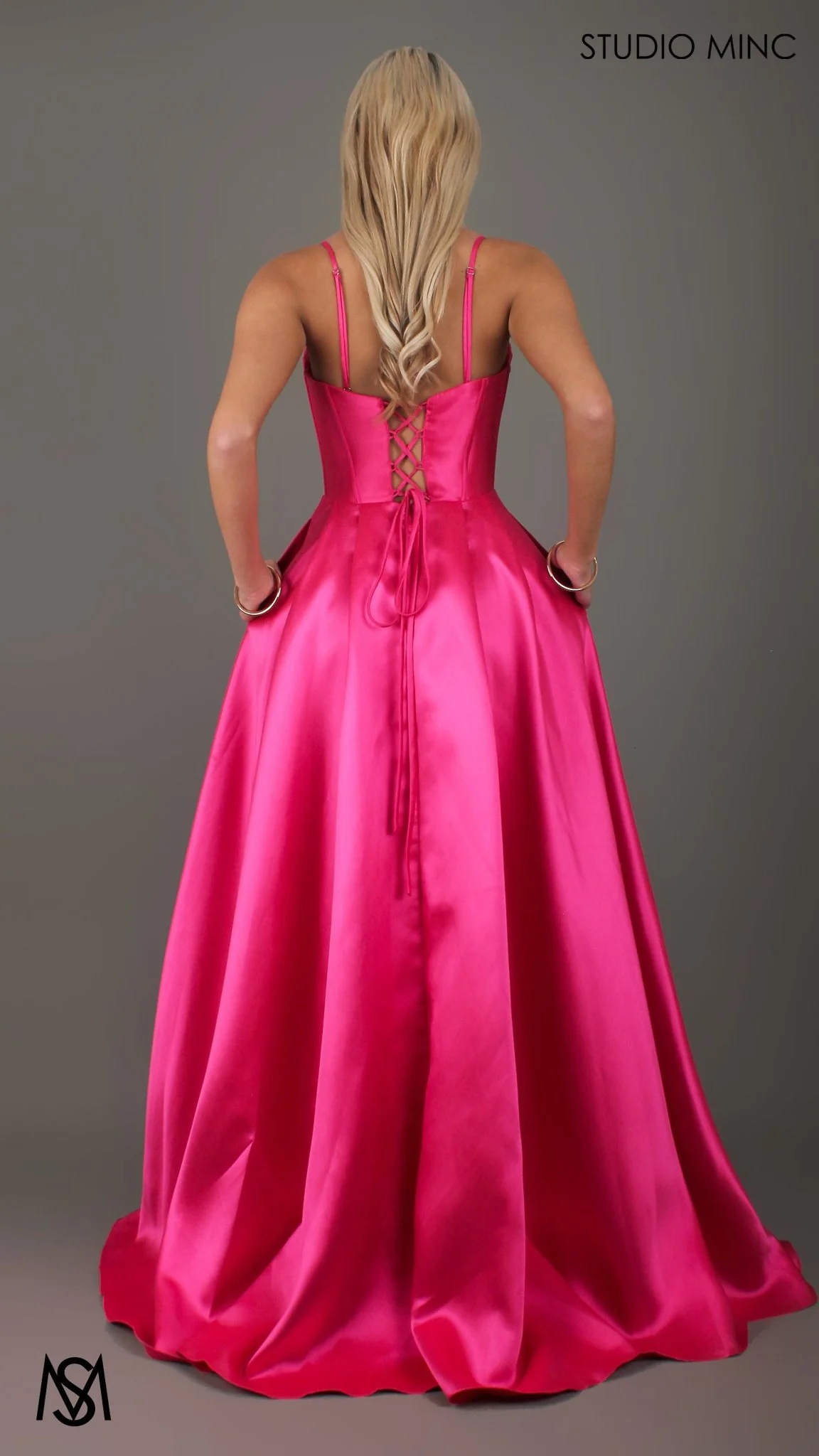 Capri - Hot Pink Formal Dress, satin strapless boned corset lace up gown pockets leg slit - Image 3