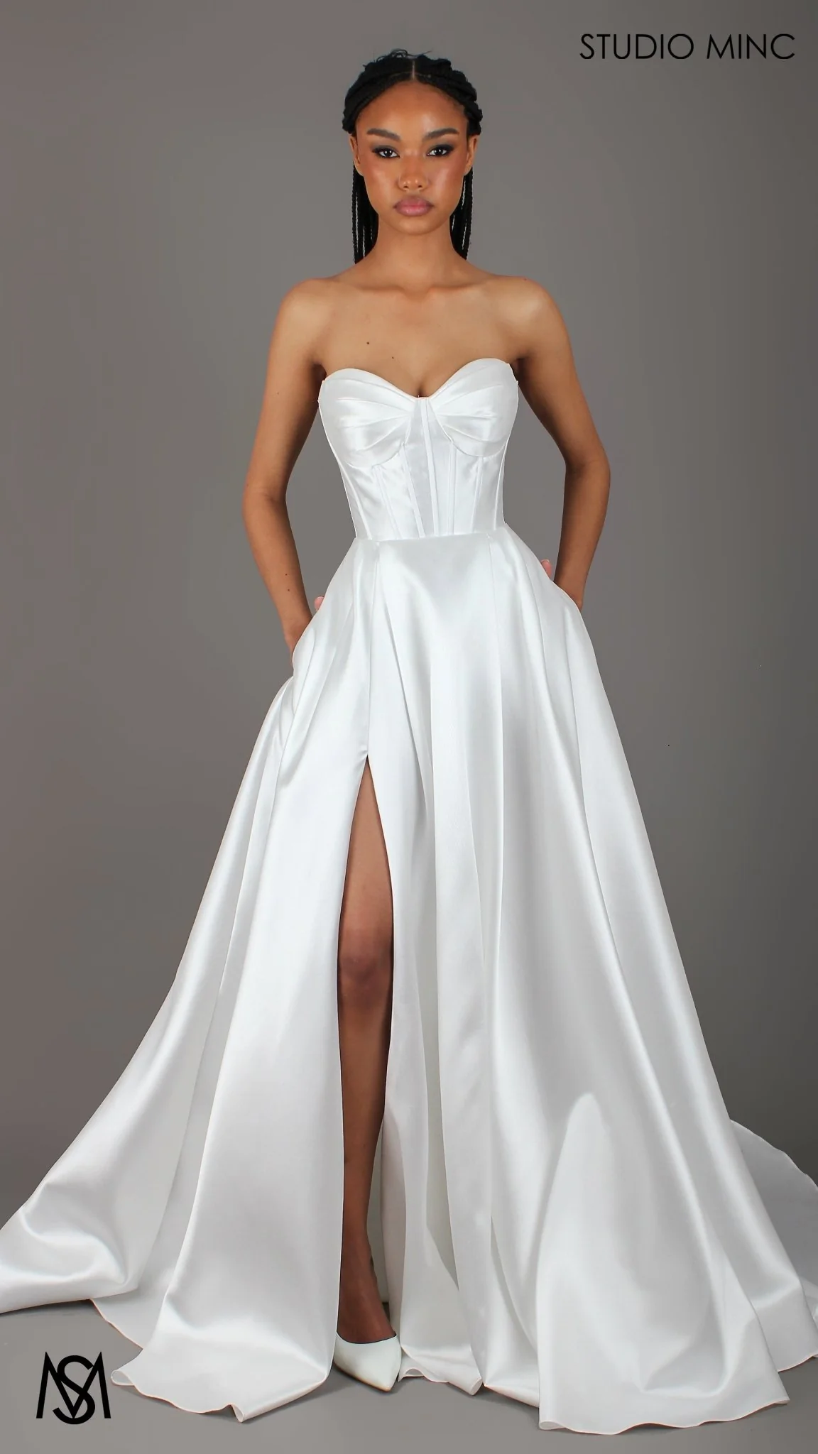 Capri - Wedding Dress | White satin strapless corset lace up gown pockets leg slit - Image 3