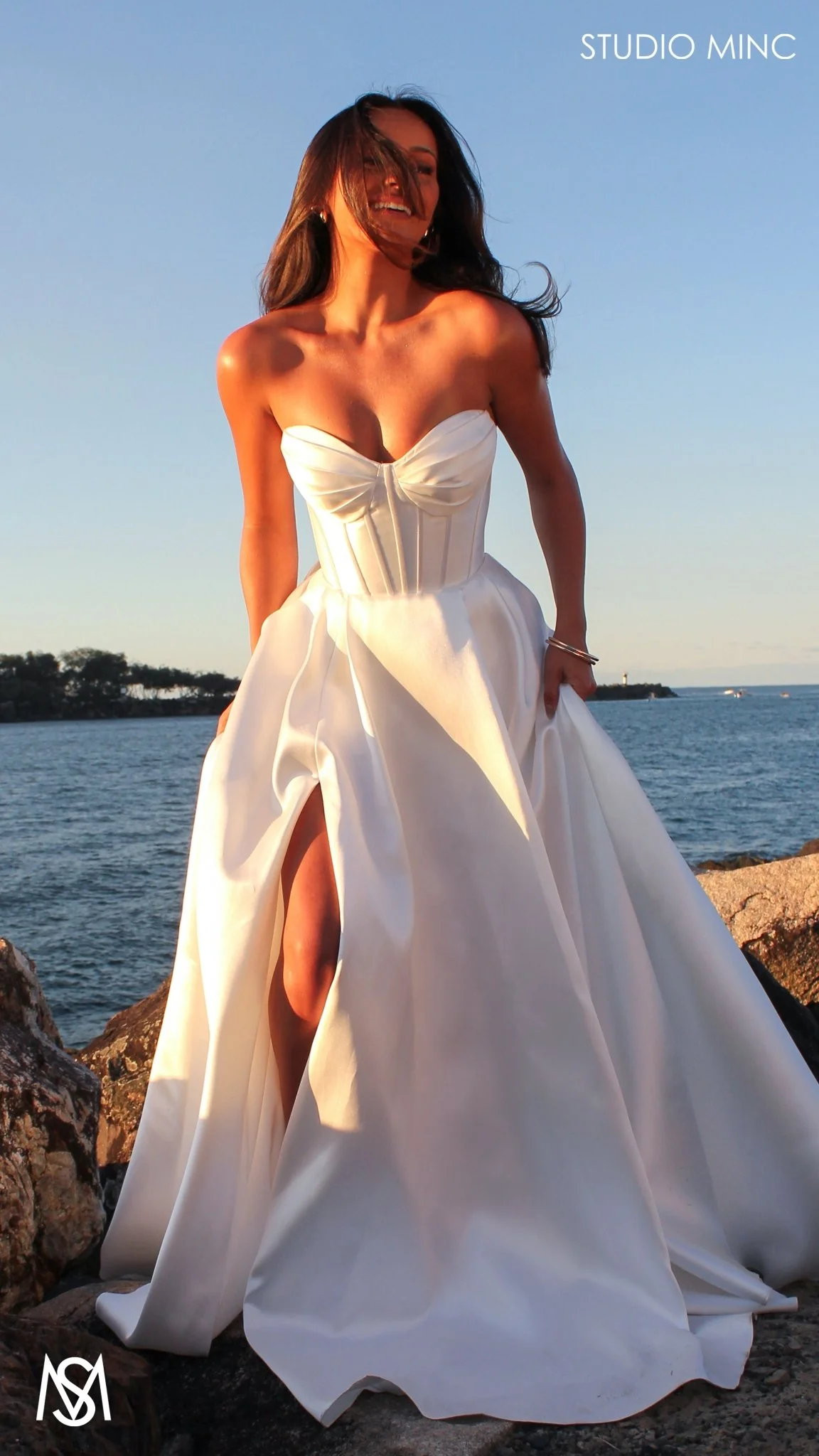 Capri - Wedding Dress | White satin strapless corset lace up gown pockets leg slit - Image 4