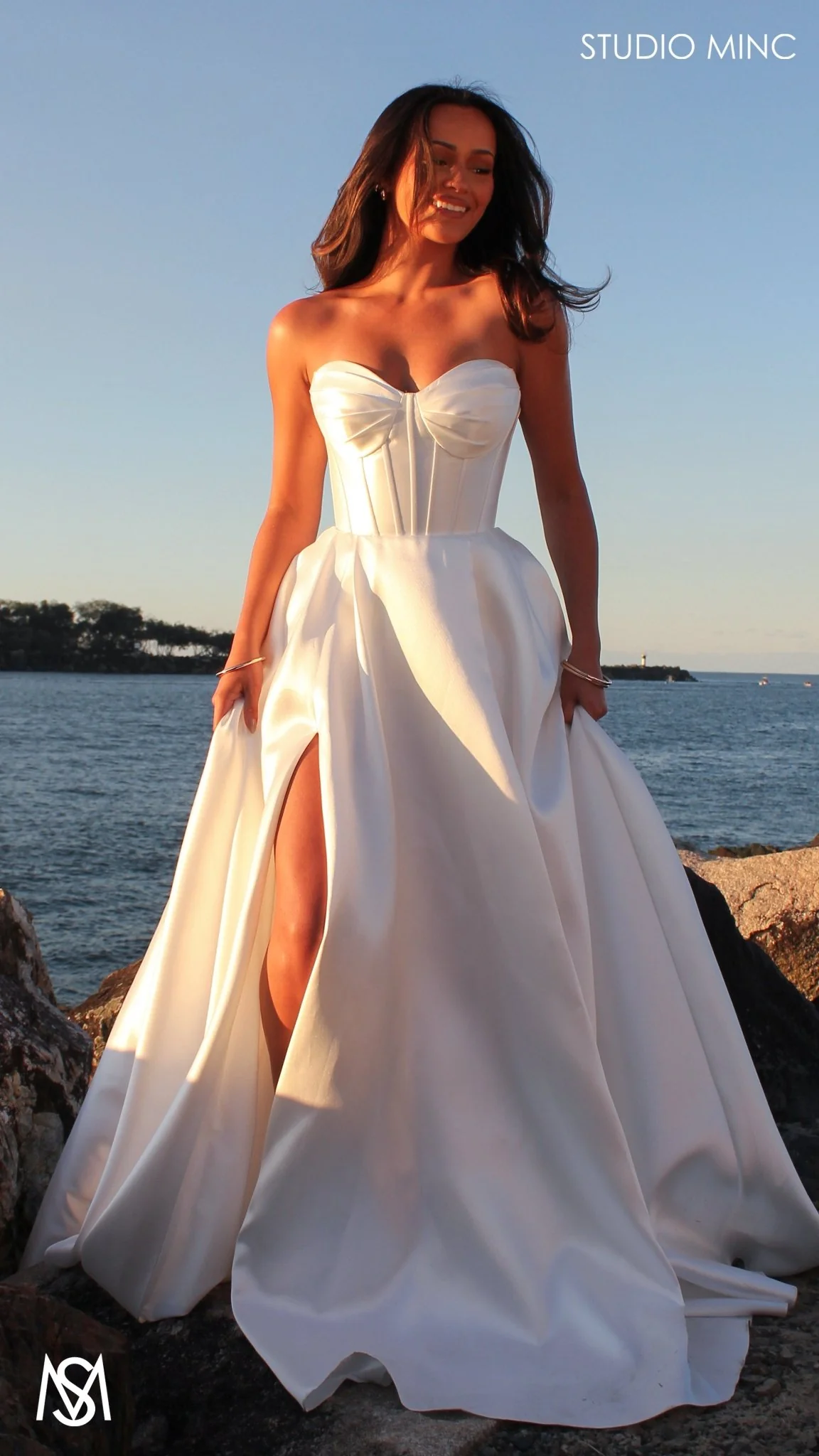 Capri - Wedding Dress | White satin strapless corset lace up gown pockets leg slit - Image 5
