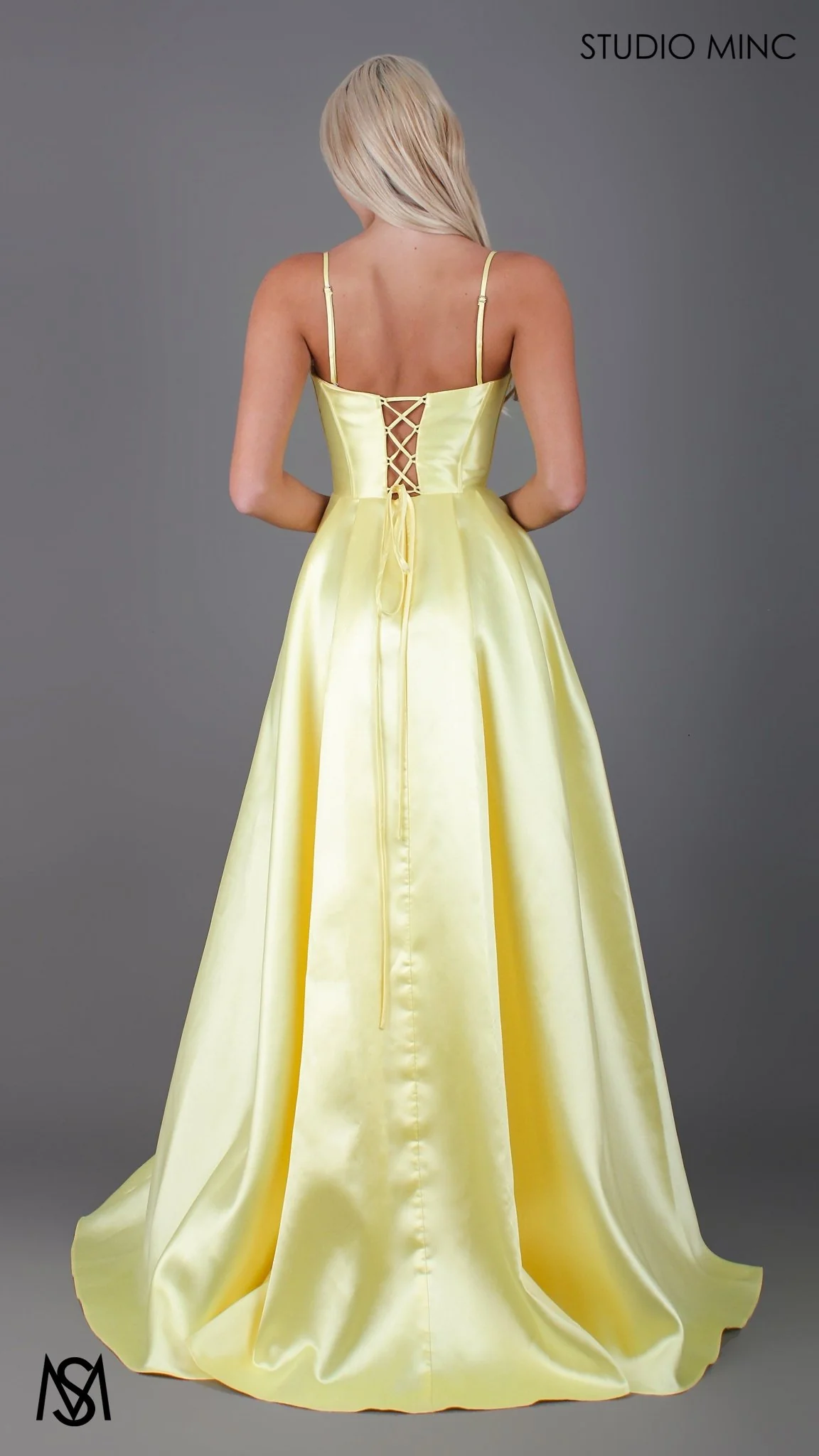 Capri - Yellow Formal Dress, satin strapless boned corset lace up gown pockets leg slit - Image 3