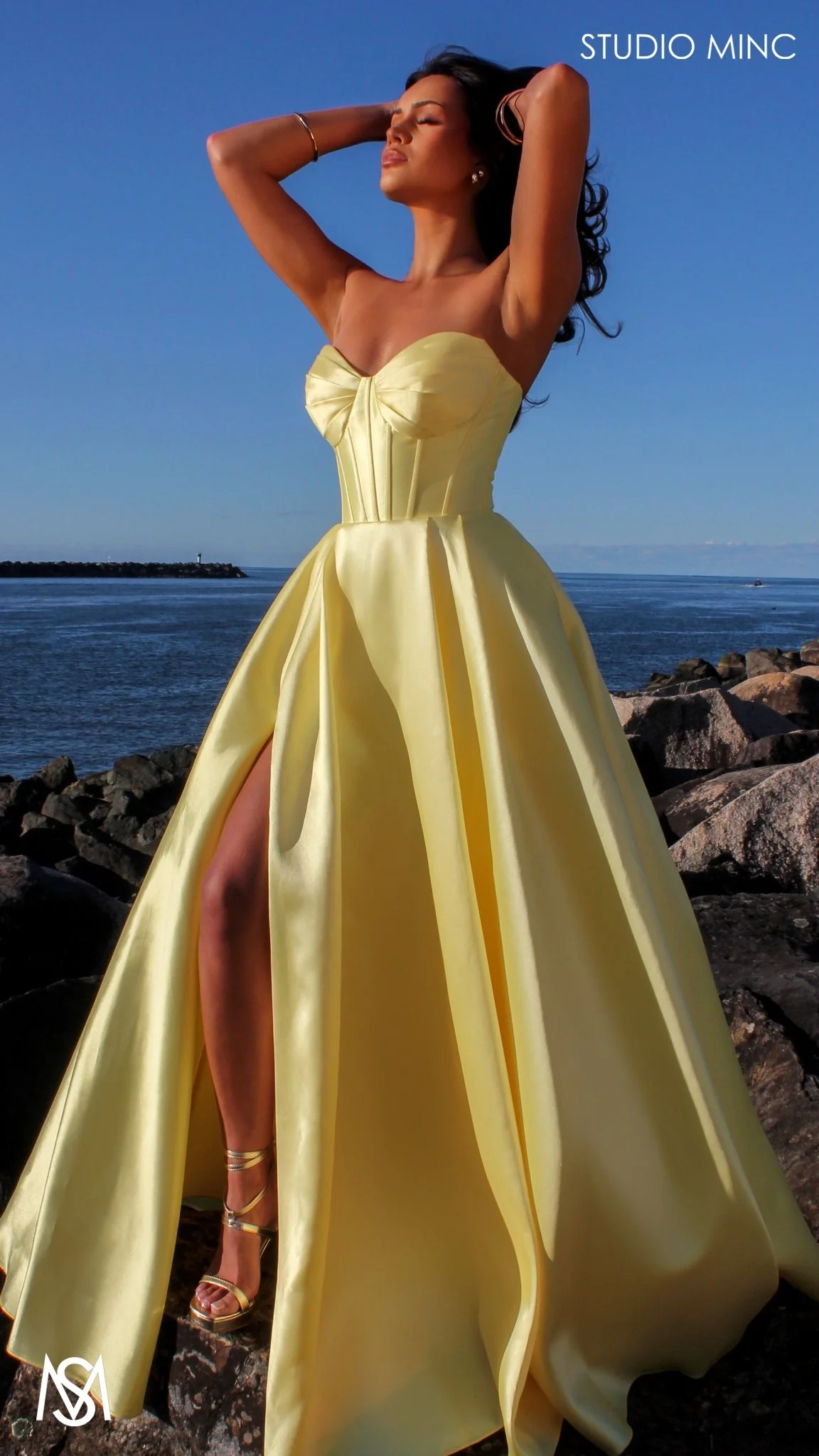 Capri - Yellow Formal Dress, satin strapless boned corset lace up gown pockets leg slit - Image 4