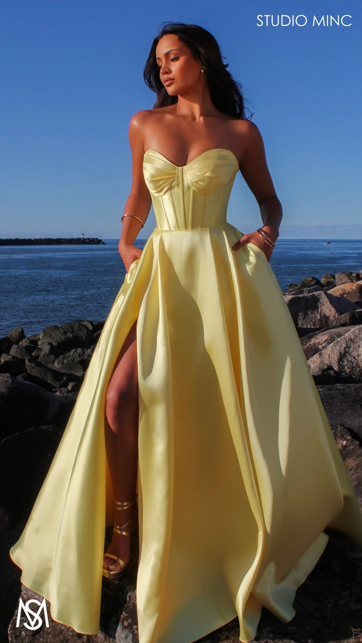 Capri - Yellow Formal Dress, satin strapless boned corset lace up gown pockets leg slit - Image 5