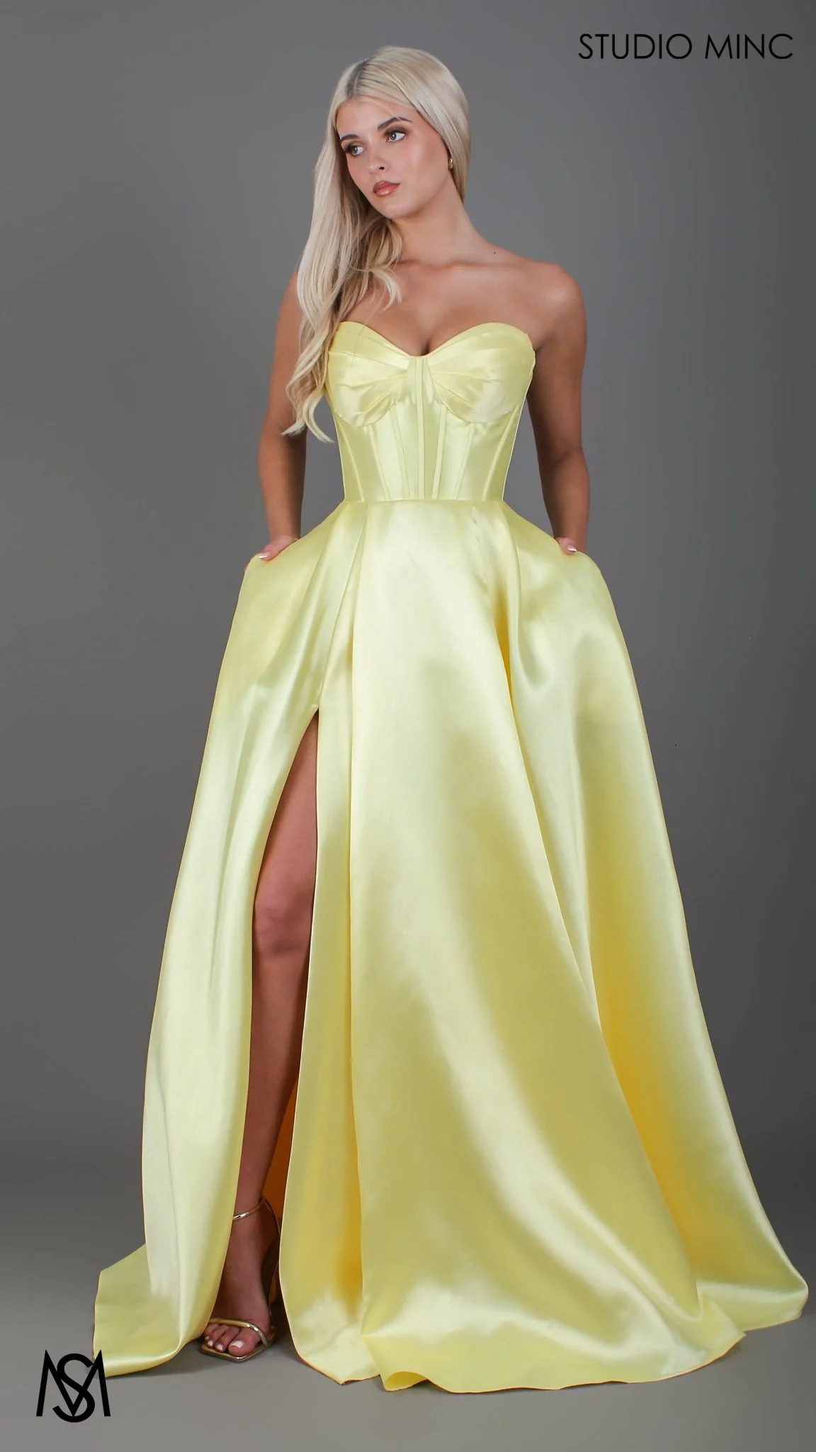 Capri - Yellow Formal Dress, satin strapless boned corset lace up gown pockets leg slit - Image 6