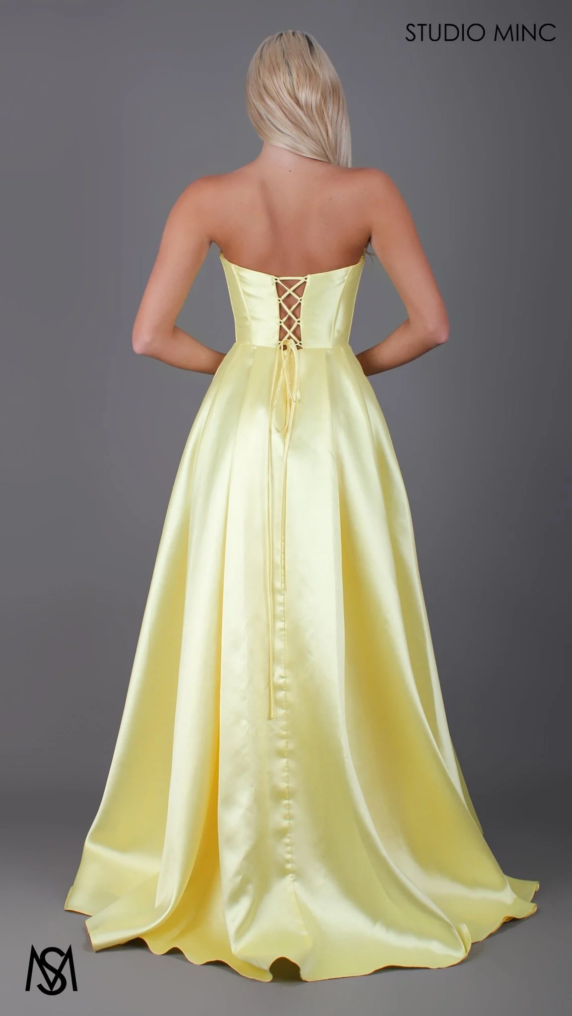 Capri - Yellow Formal Dress, satin strapless boned corset lace up gown pockets leg slit - Image 7