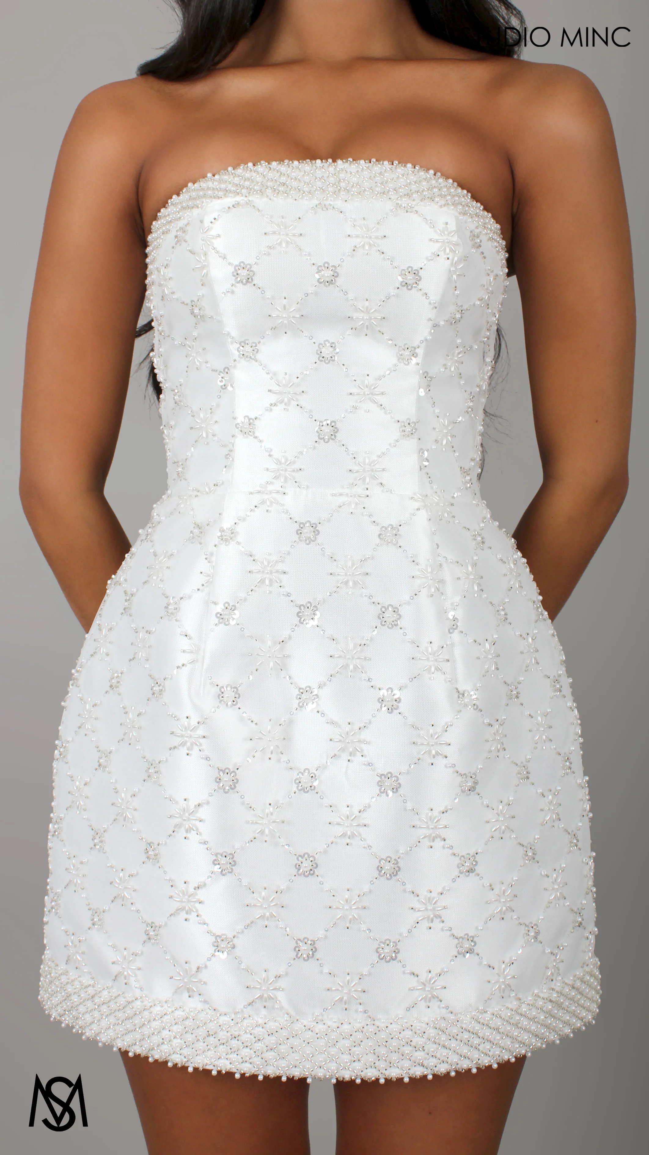 Celestial - White Bridal Mini Dress | Pearl Beaded Strapless Corset Fitted Satin - Image 3