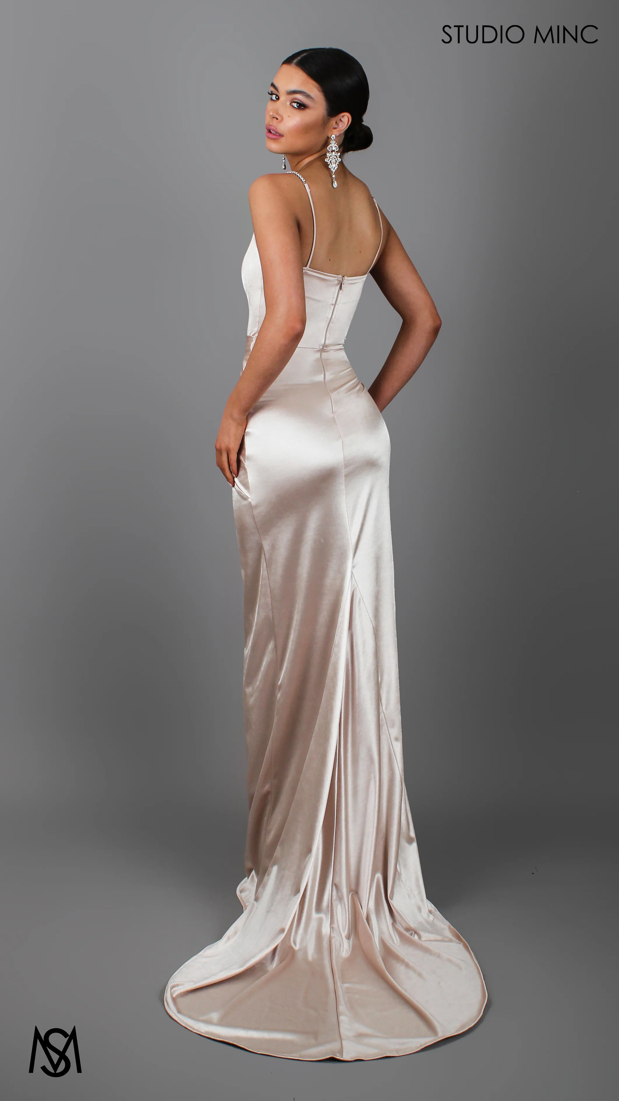 Crave - Champagne Satin Corset Formal Dress with Leg Split - Image 3
