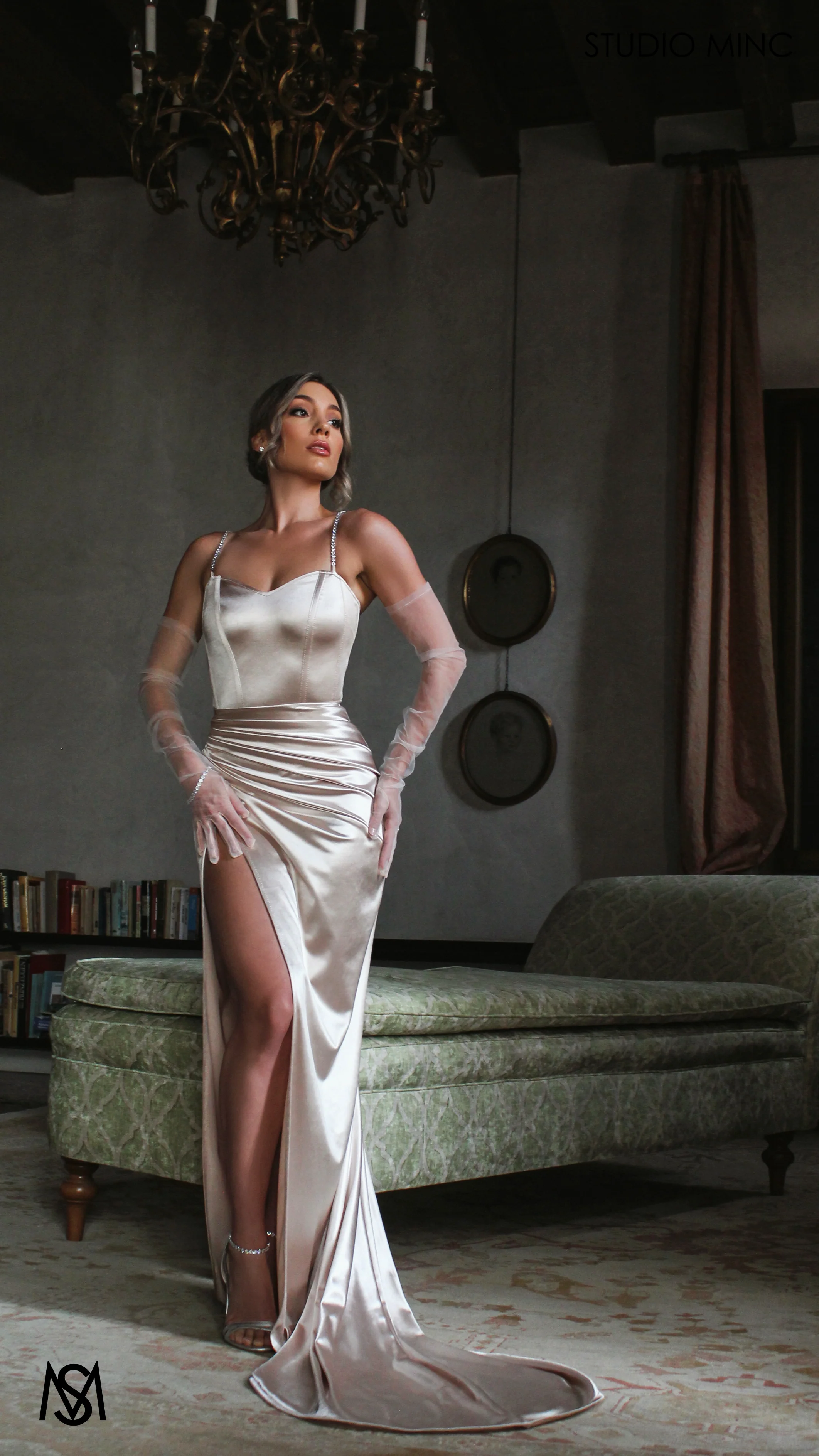 Crave - Champagne Satin Corset Formal Dress with Leg Split - Image 5
