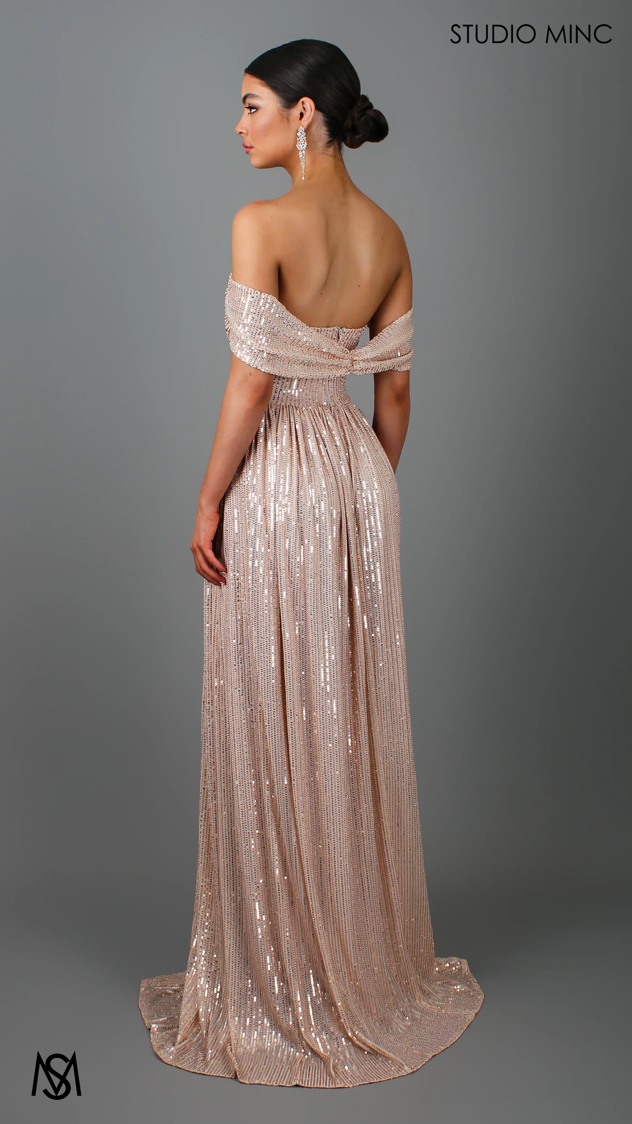 CRUSH - Champagne Gold Sequin Formal Dress with Corset & Arm Drapes - Image 3