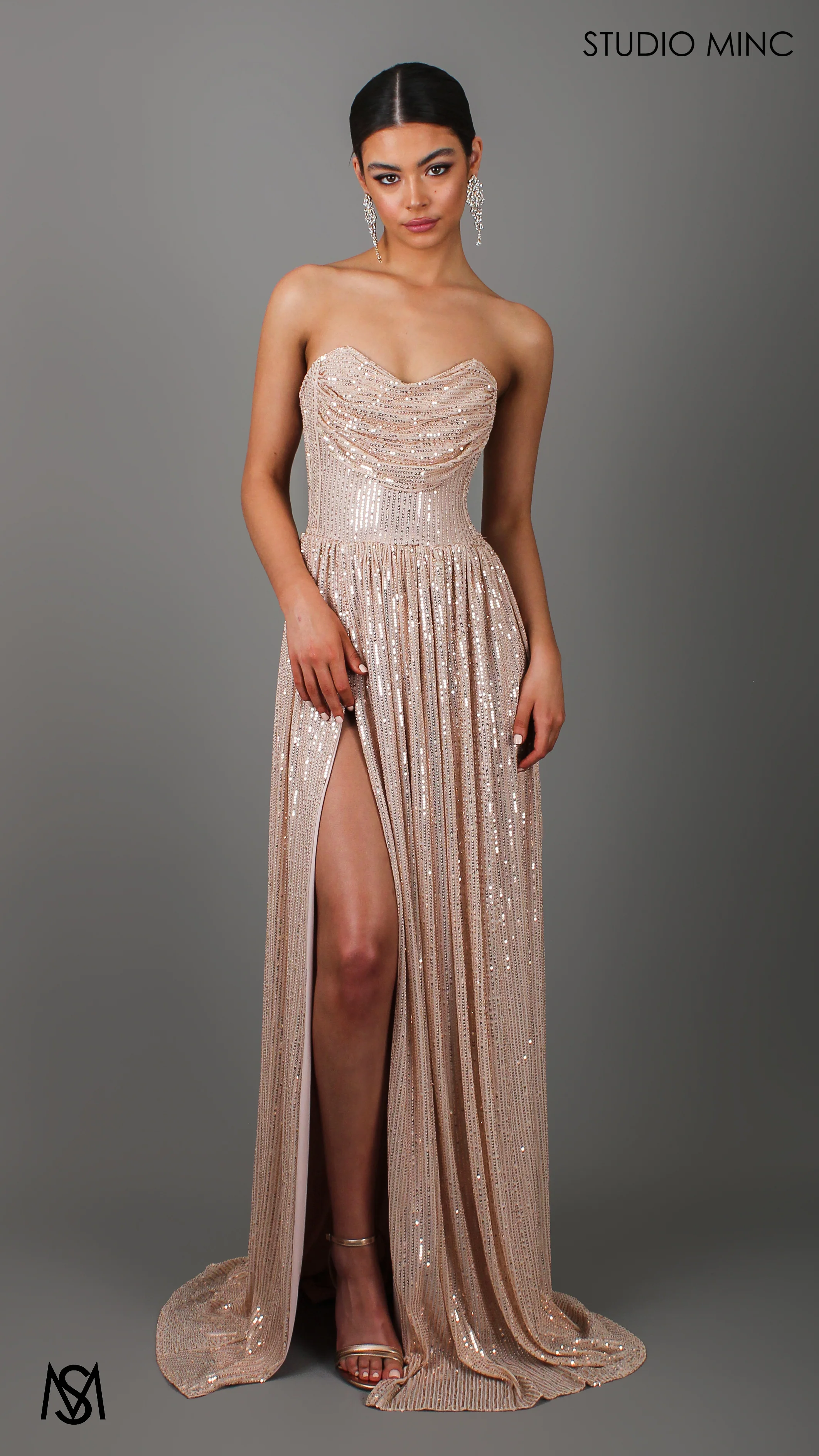 CRUSH - Champagne Gold Sequin Formal Dress with Corset & Arm Drapes - Image 4