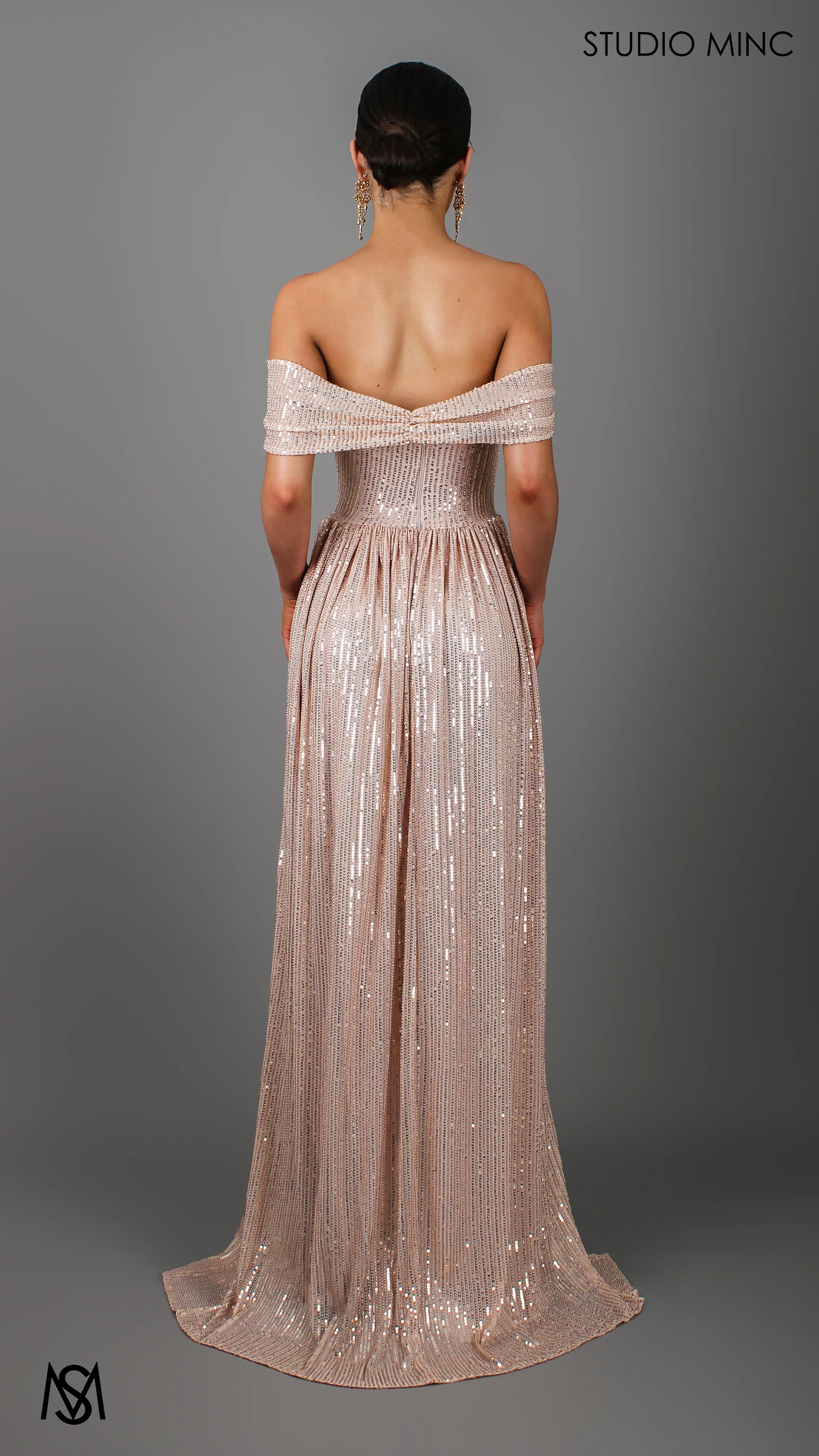 CRUSH - Champagne Gold Sequin Formal Dress with Corset & Arm Drapes - Image 5