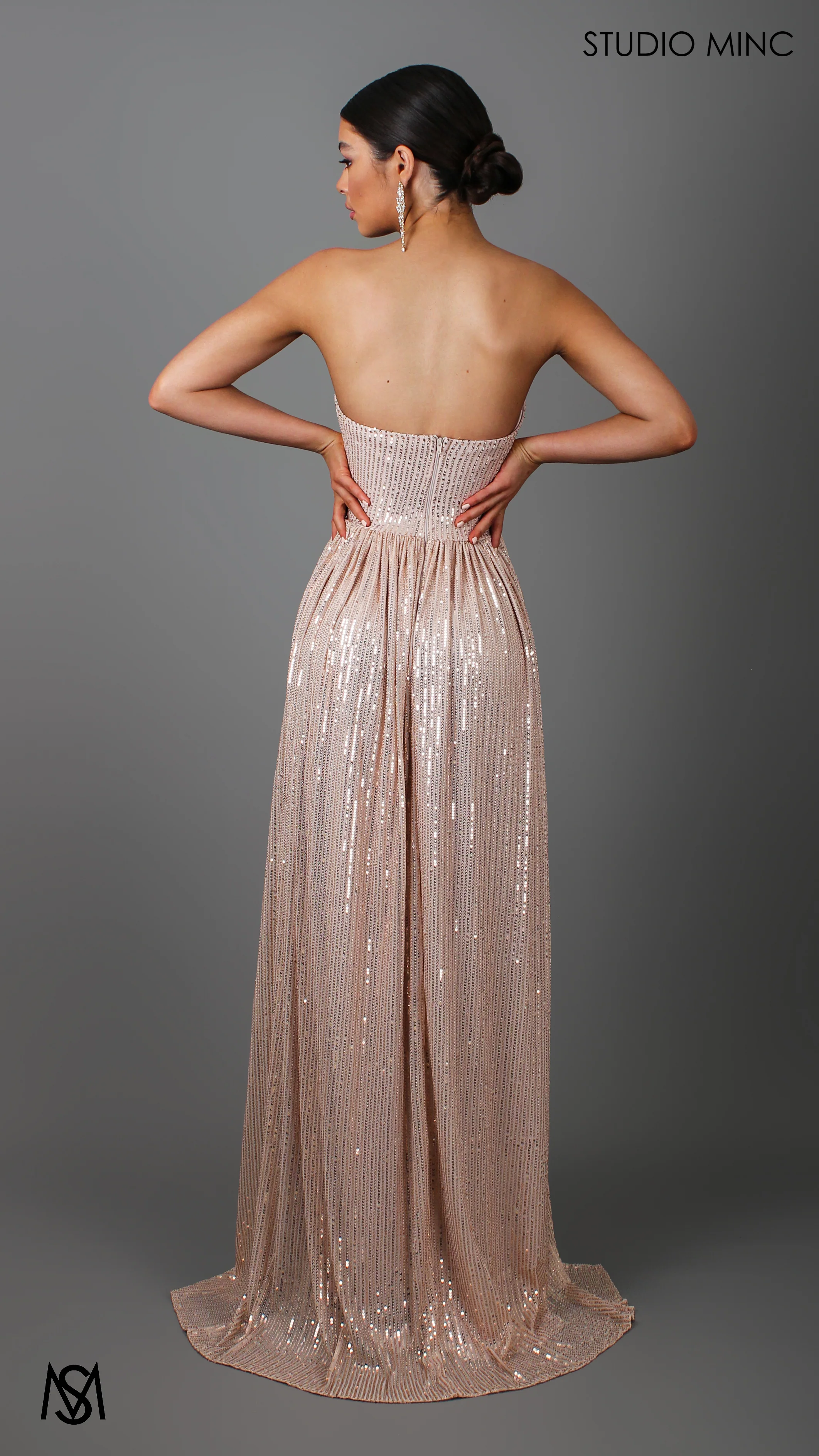 CRUSH - Champagne Gold Sequin Formal Dress with Corset & Arm Drapes - Image 6