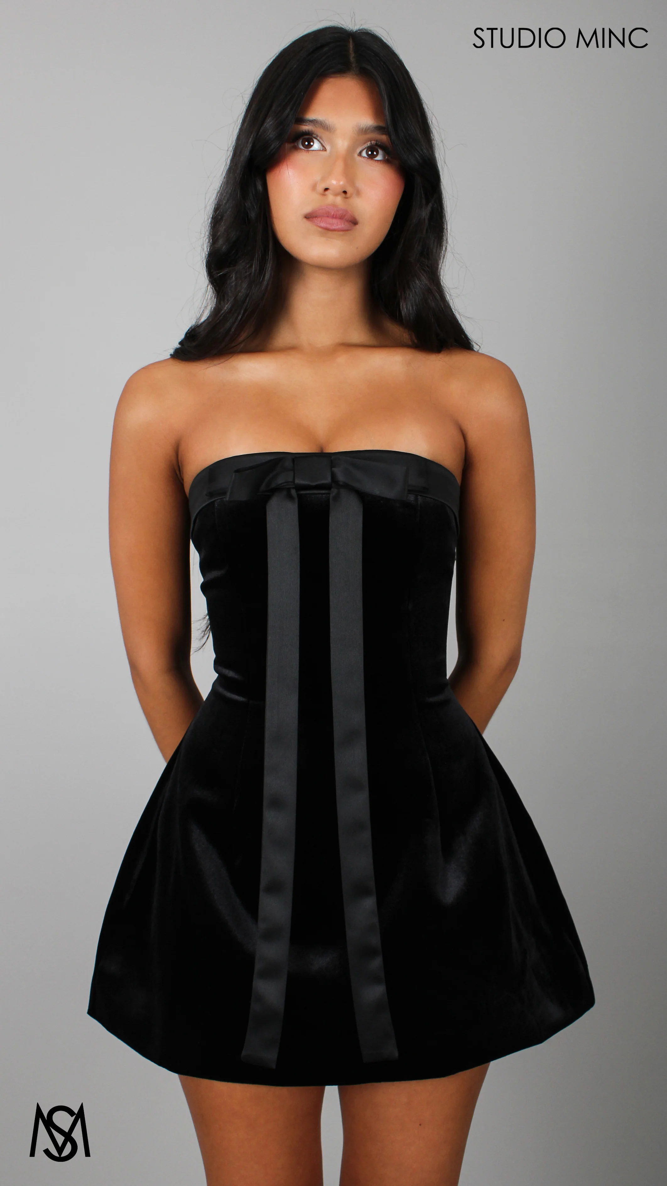 Charlie - Black Mini Dress, Velvet Strapless Large Satin Bow Corset Party Dress - Image 4