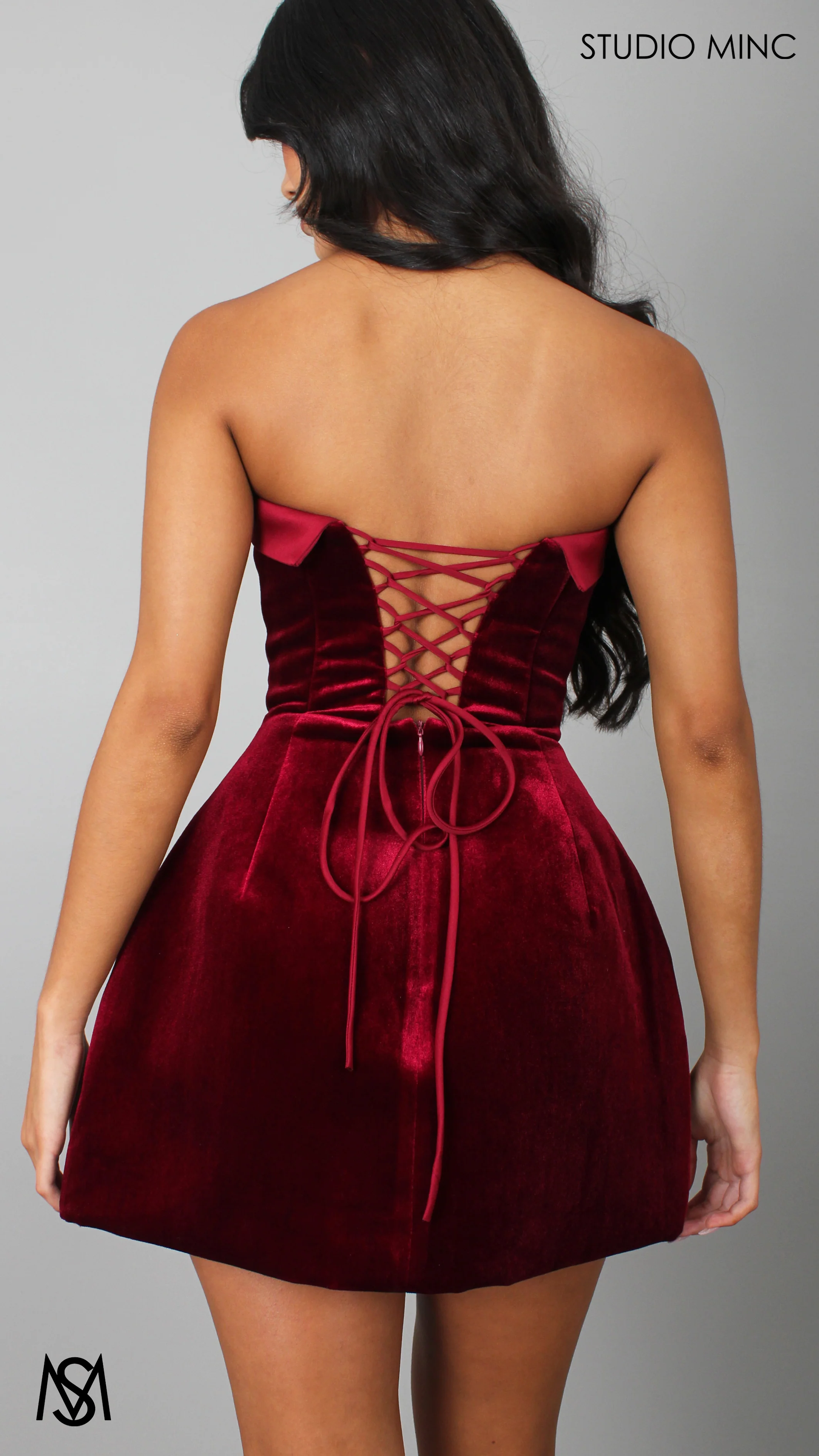 Charlie - Cherry Red Mini Dress, Velvet Strapless Large Satin Bow Corset Party Dress - Image 3
