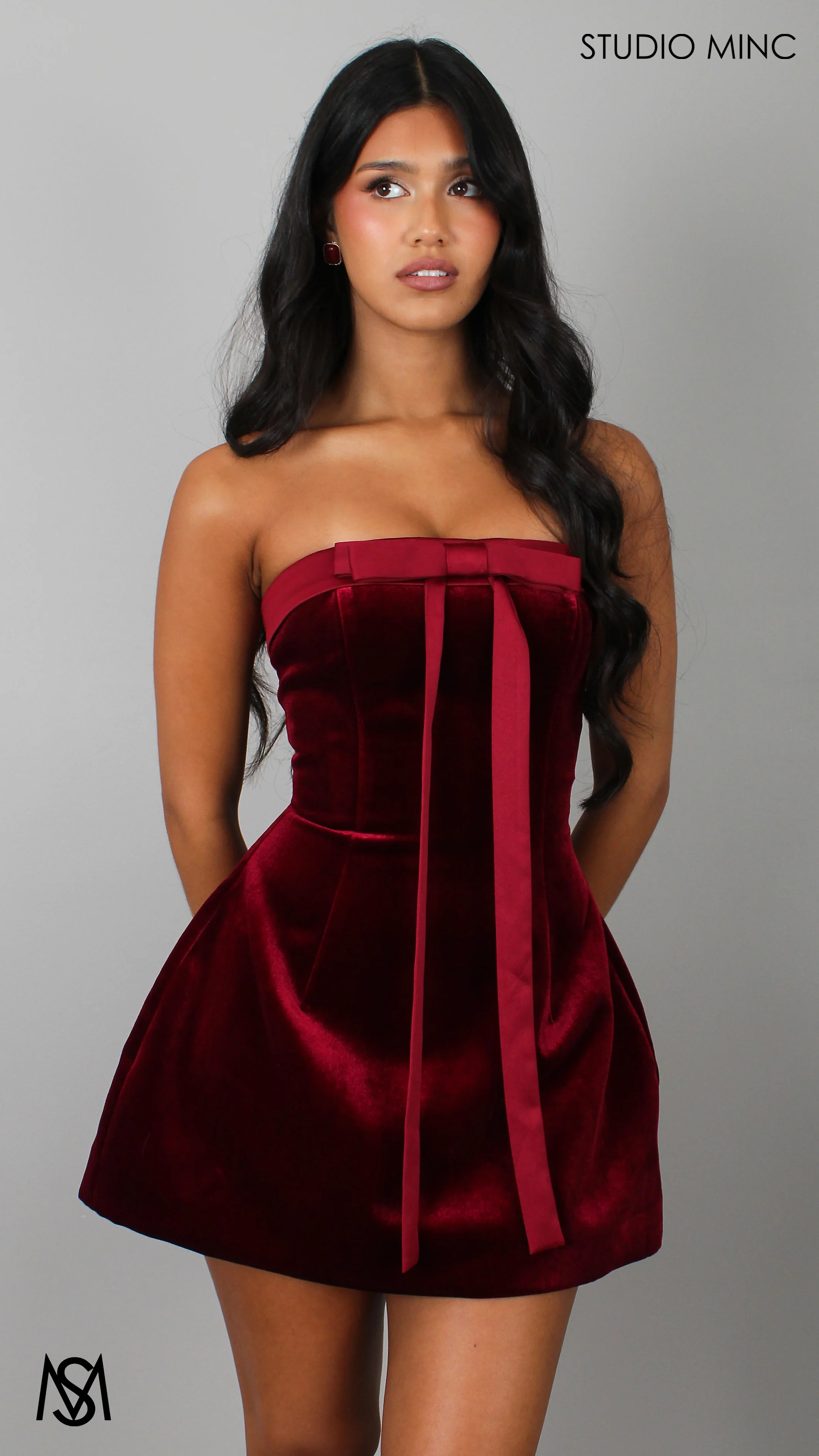 Charlie - Cherry Red Mini Dress, Velvet Strapless Large Satin Bow Corset Party Dress - Image 4
