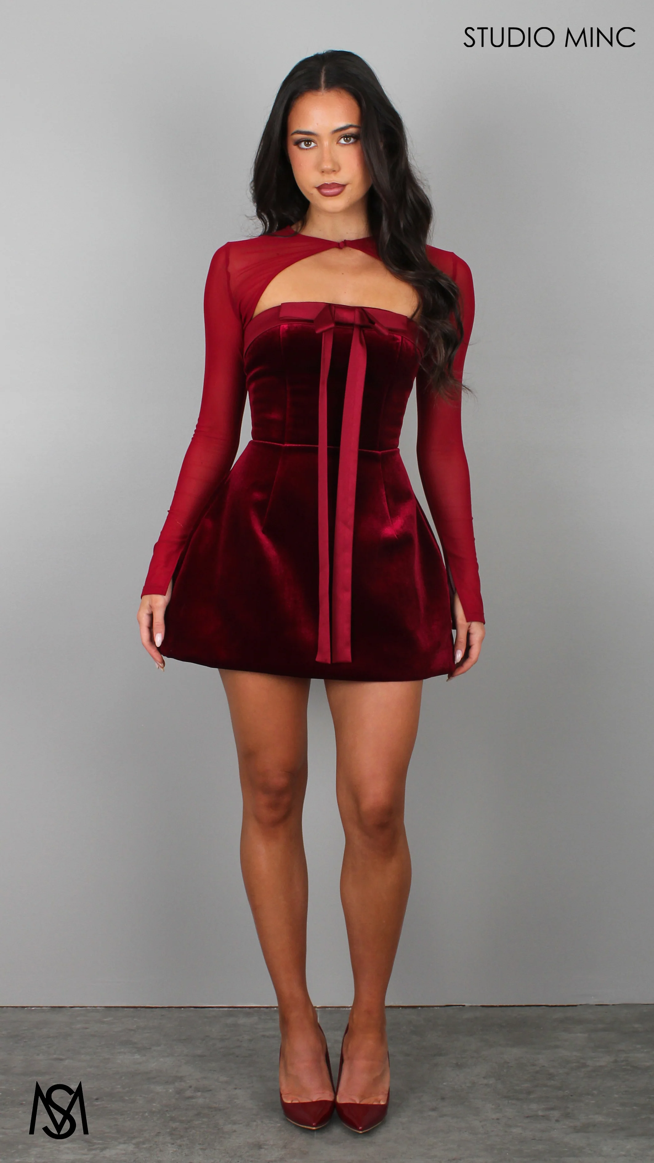 Charlie - Cherry Red Mini Dress, Velvet Strapless Large Satin Bow Corset Party Dress - Image 7