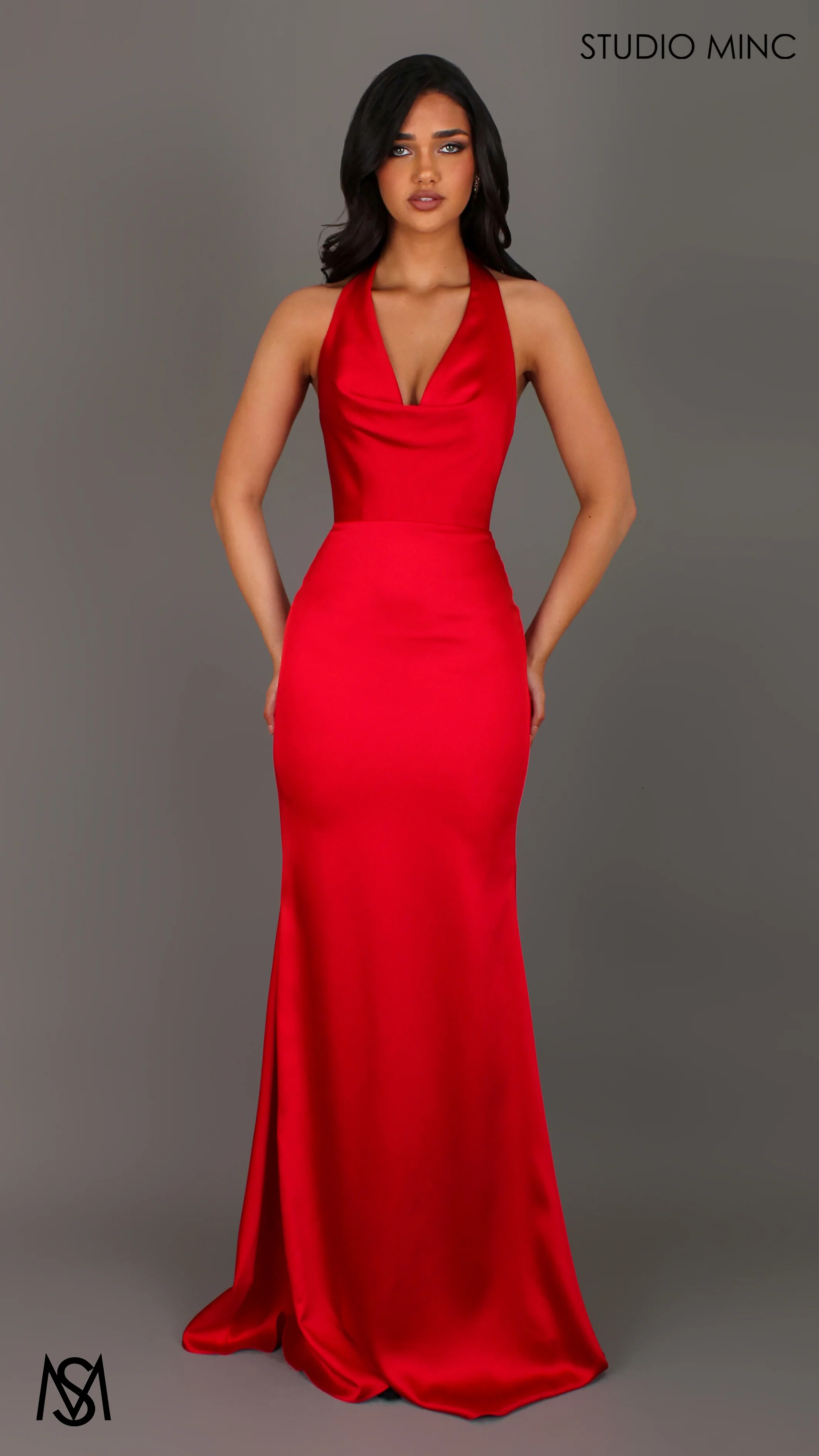 Cherie - Red Formal Dress, Satin Cowl Plunge halter neck fitted silhouette - Image 3