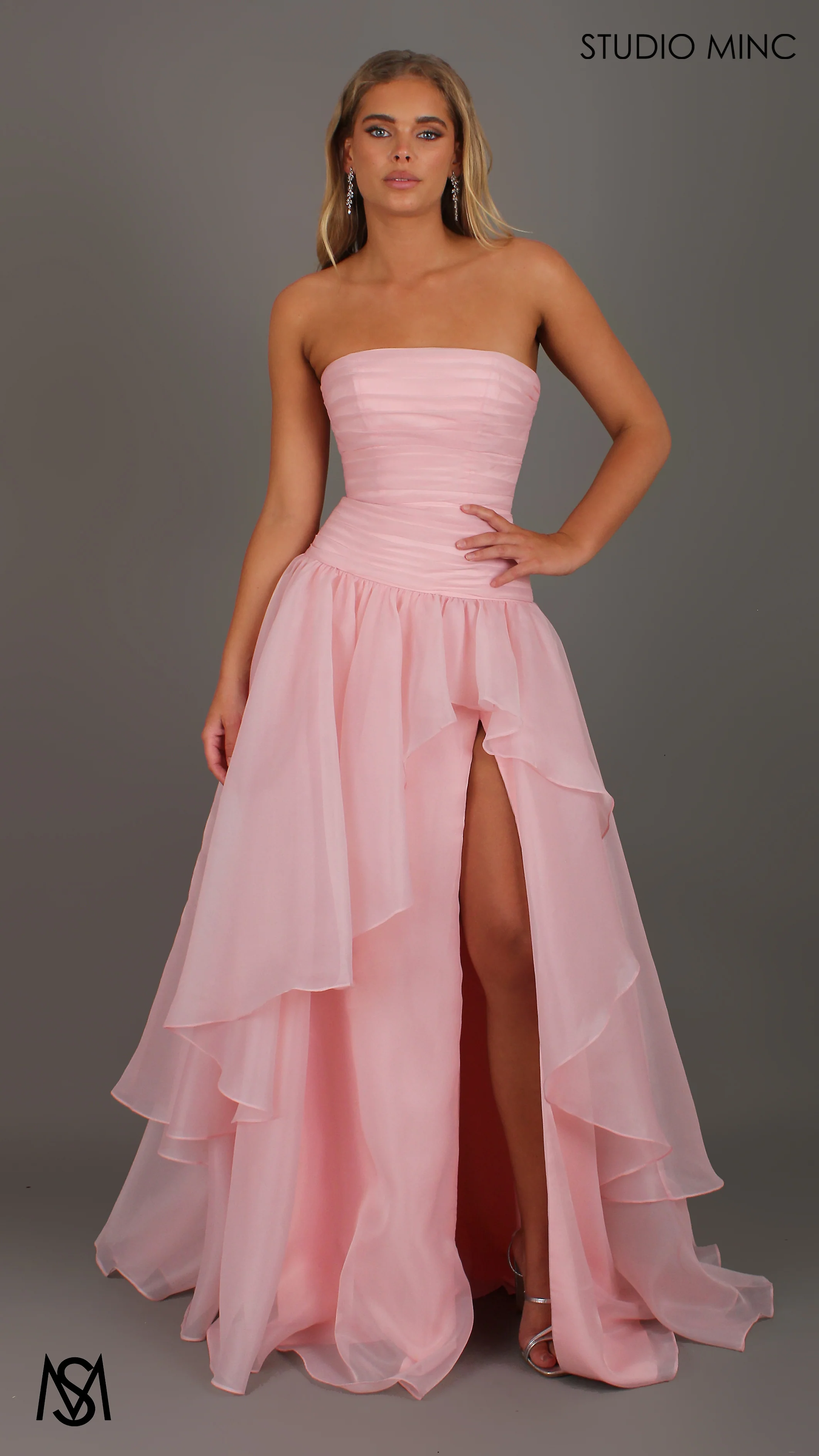 Daisy - Pink Formal Dress, Strapless Corset Drop-waist, organza layered handkerchief skirt, leg slit - Image 3