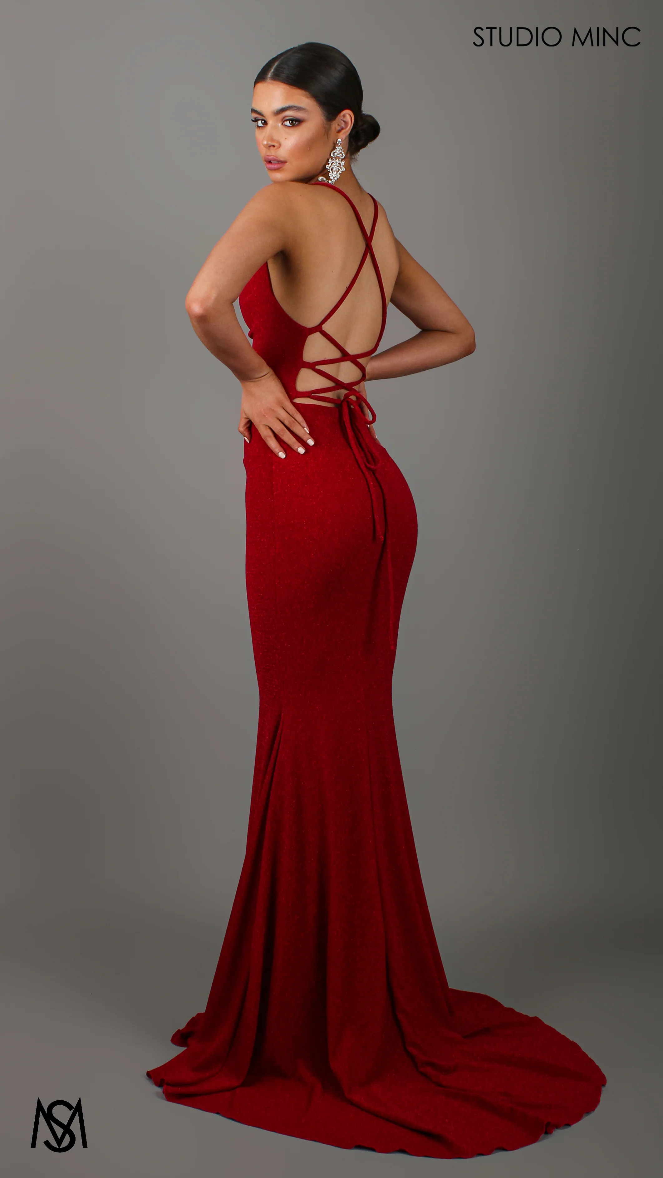 AURA - Deep Red Shimmer Figure Flattering Formal Dress with Cowl Neckline - Image 4