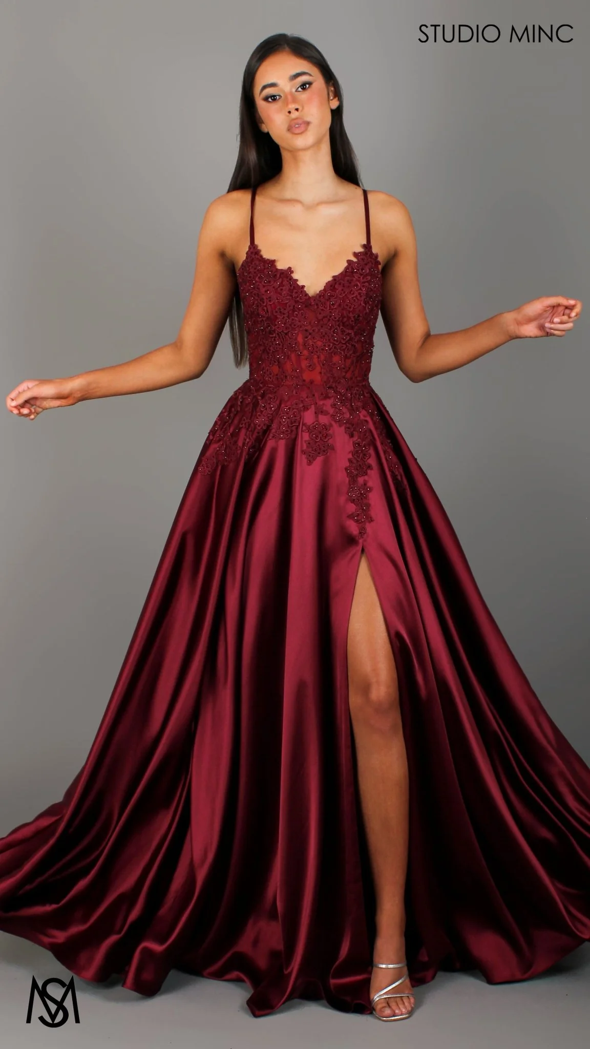 Eden - Burgundy Red formal dress | Floral V neckline, backless, A-line Satin Gown with Pockets - Image 3