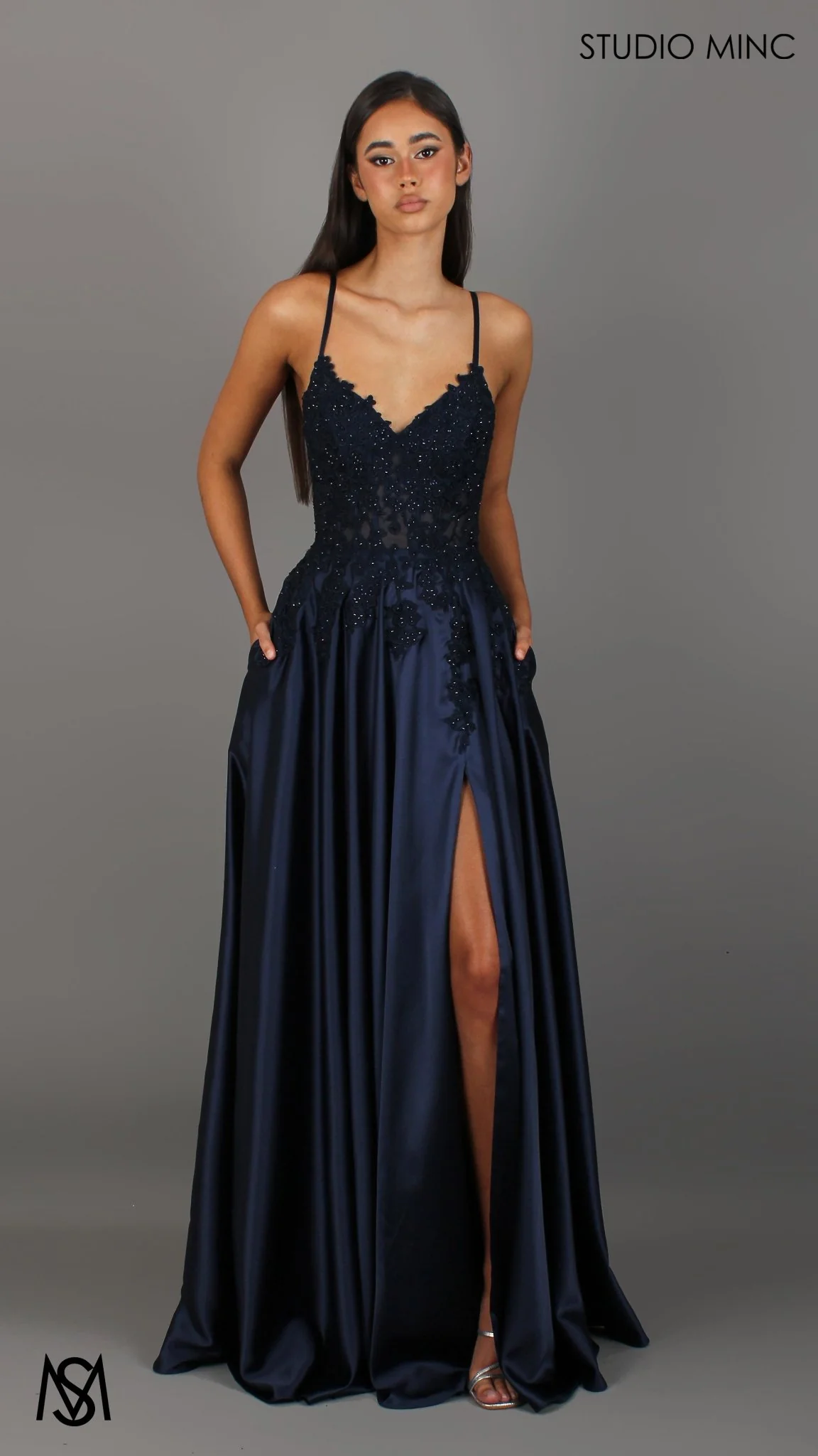 Eden - Navy Blue formal dress | Floral V neckline, backless, A-line Satin Gown with Pockets - Image 3
