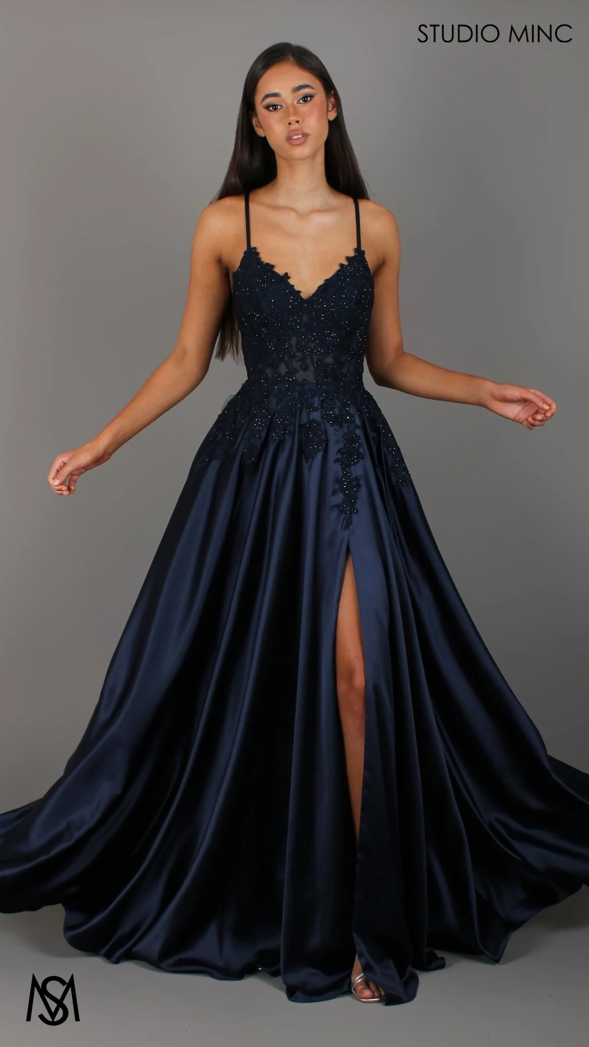 Eden - Navy Blue formal dress | Floral V neckline, backless, A-line Satin Gown with Pockets - Image 4