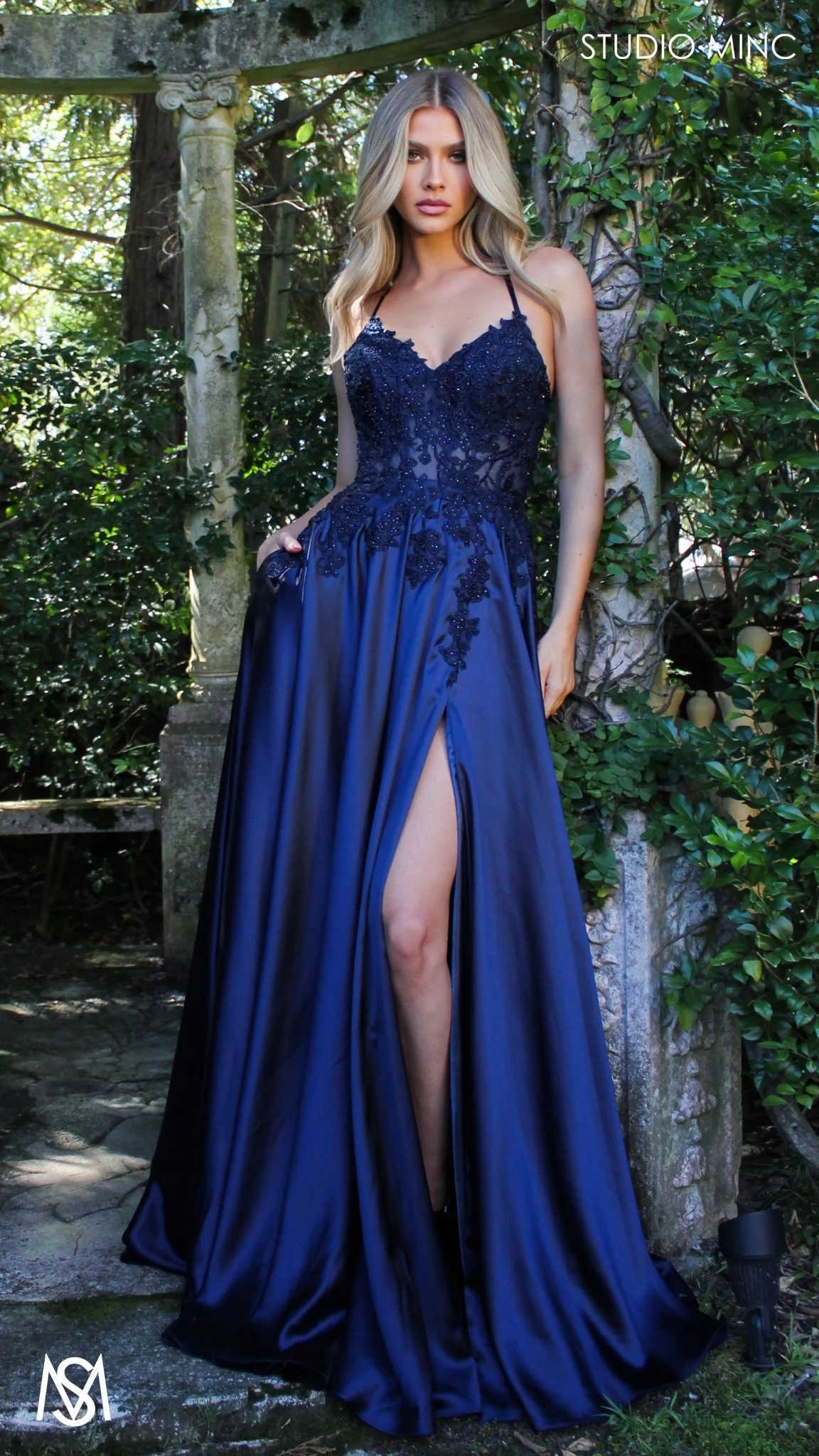 Eden - Navy Blue formal dress | Floral V neckline, backless, A-line Satin Gown with Pockets - Image 6