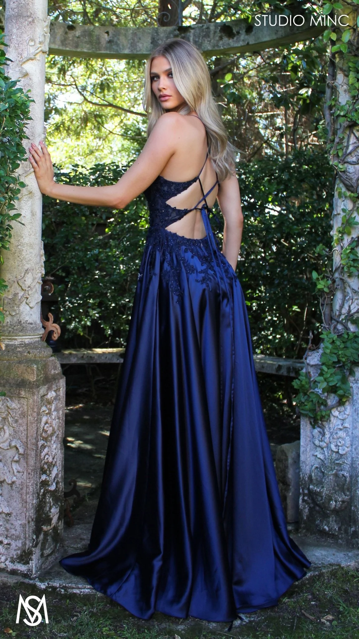 Eden - Navy Blue formal dress | Floral V neckline, backless, A-line Satin Gown with Pockets - Image 7