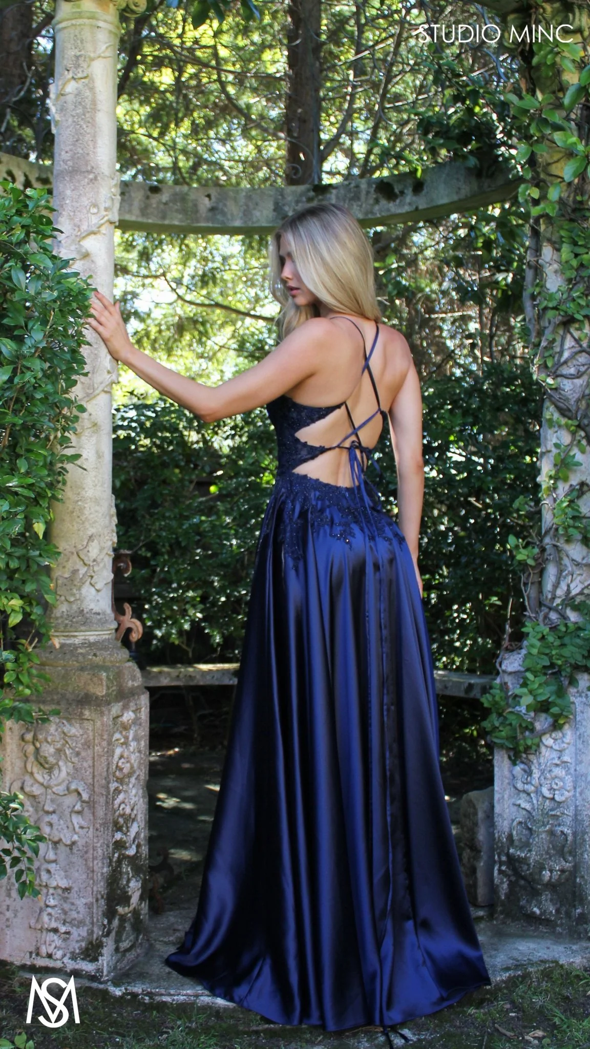 Eden - Navy Blue formal dress | Floral V neckline, backless, A-line Satin Gown with Pockets - Image 9
