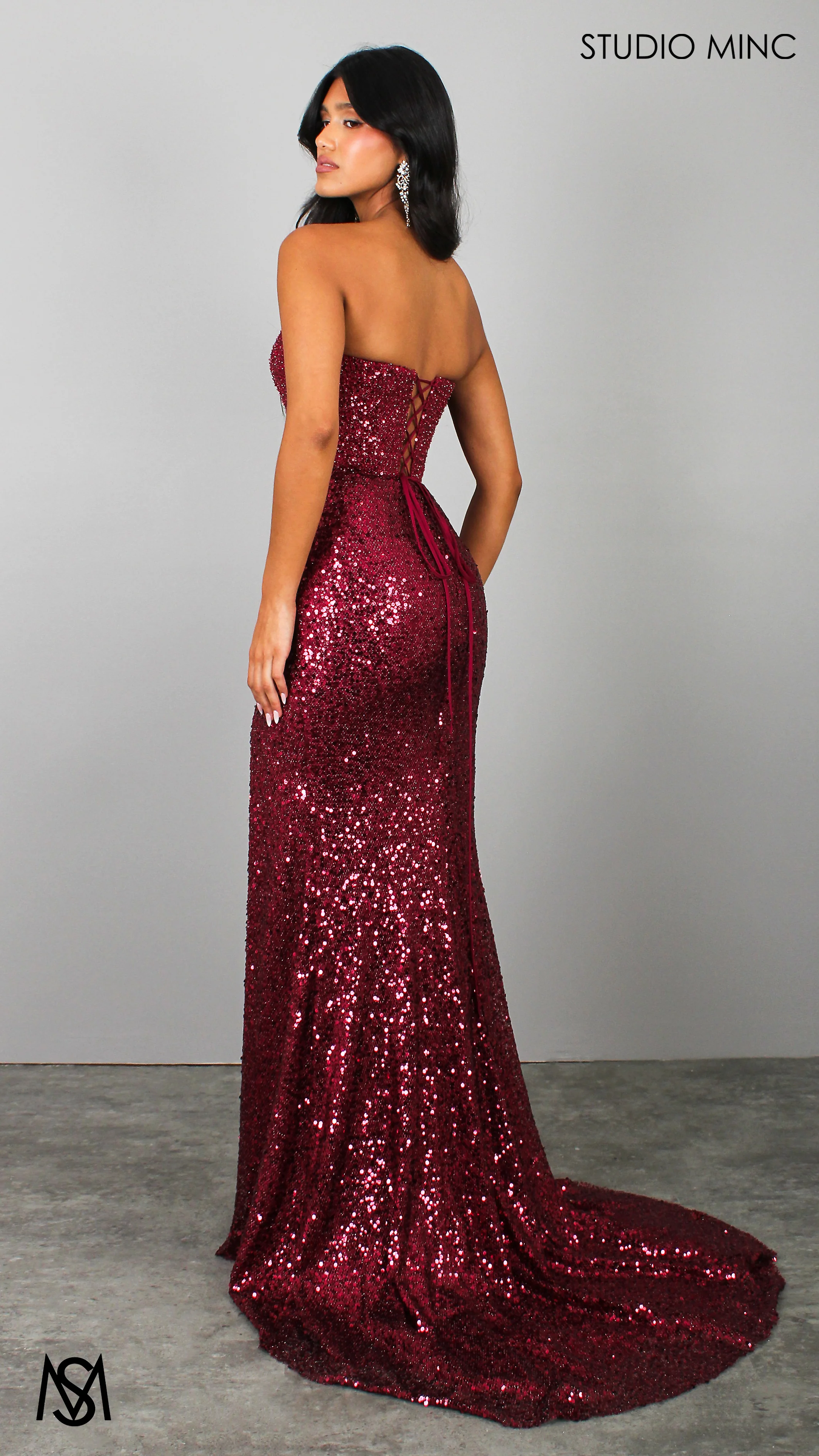 Elision - Cherry Red Formal Dress, Sequin and beaded Strapless corset, drop-waist fitted silhouette high leg slit - Image 4