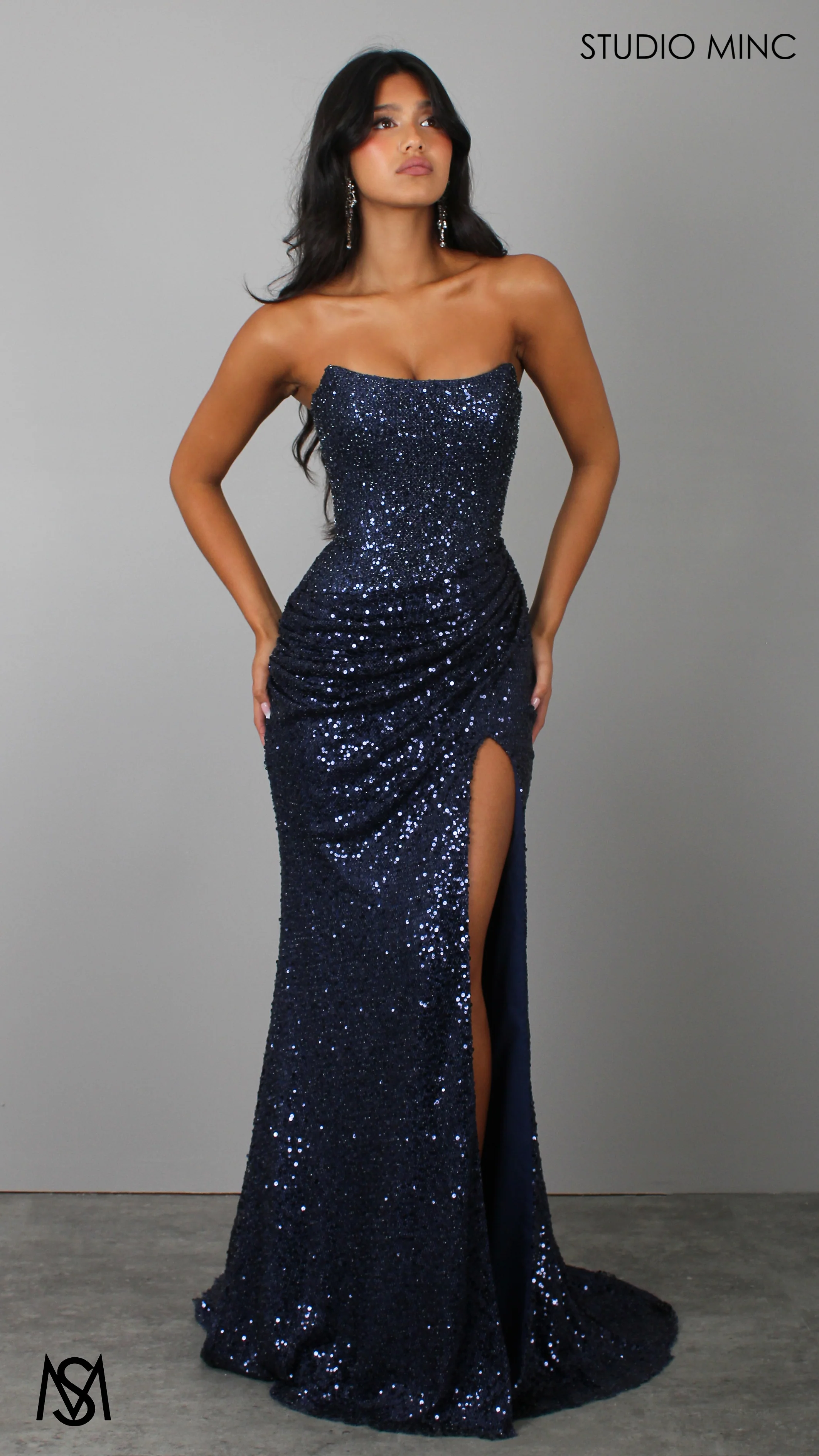 Elision - Navy Blue Formal Dress, Sequin and beaded Strapless corset, drop-waist fitted silhouette high leg slit - Image 2