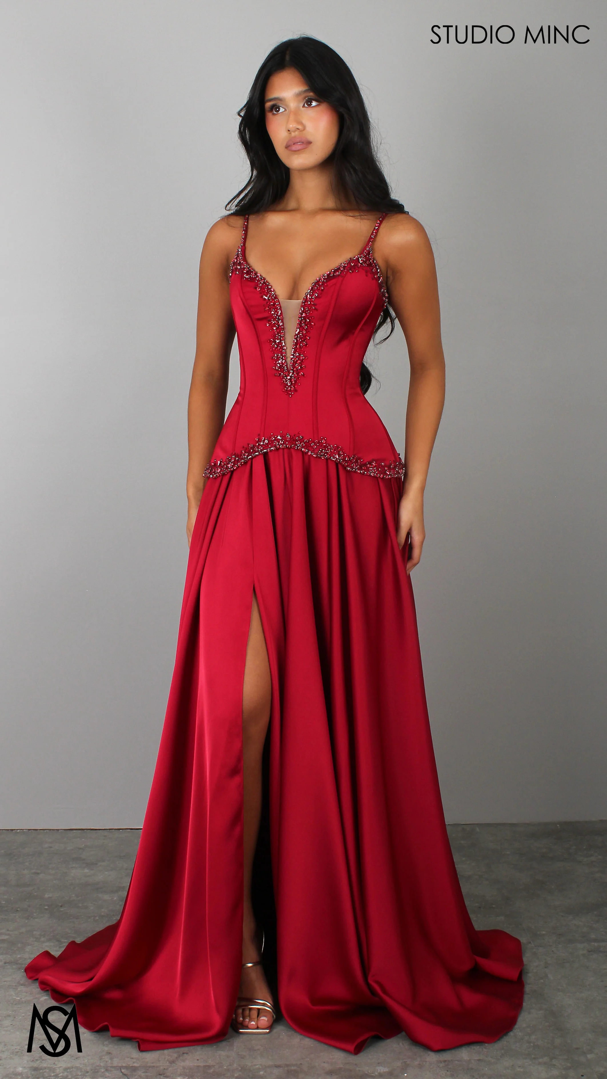 Idyllic - Cherry Deep Red Formal Dress two piece Set, drop-waist Corset, A-line Satin skirt - Image 2