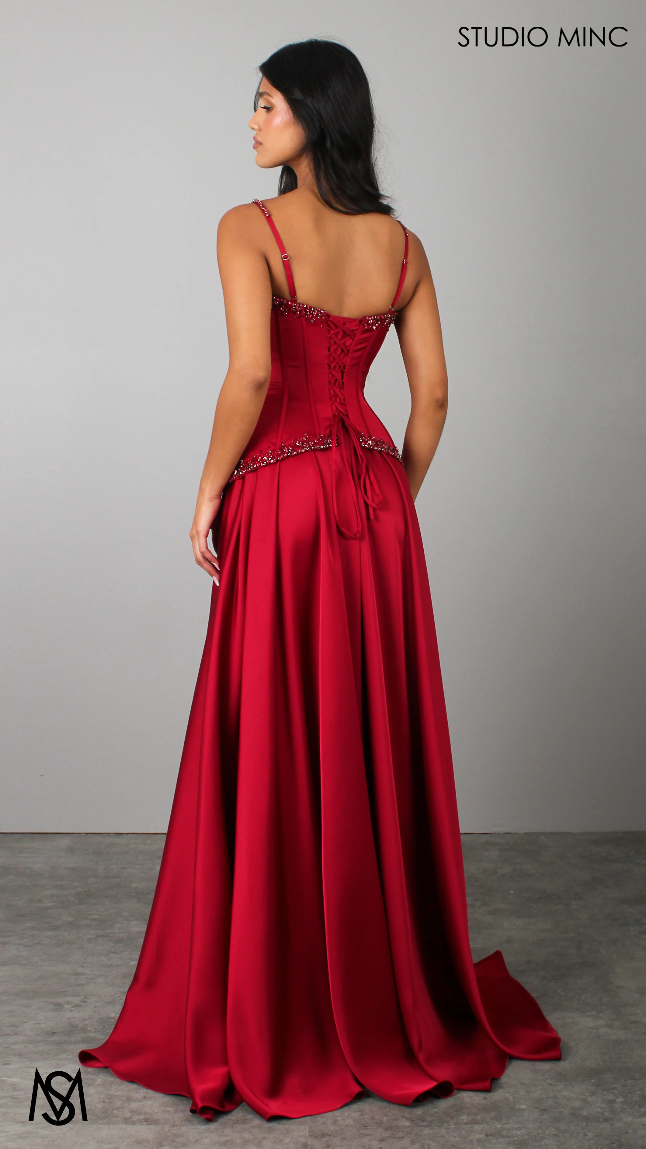 Idyllic - Cherry Deep Red Formal Dress two piece Set, drop-waist Corset, A-line Satin skirt - Image 3