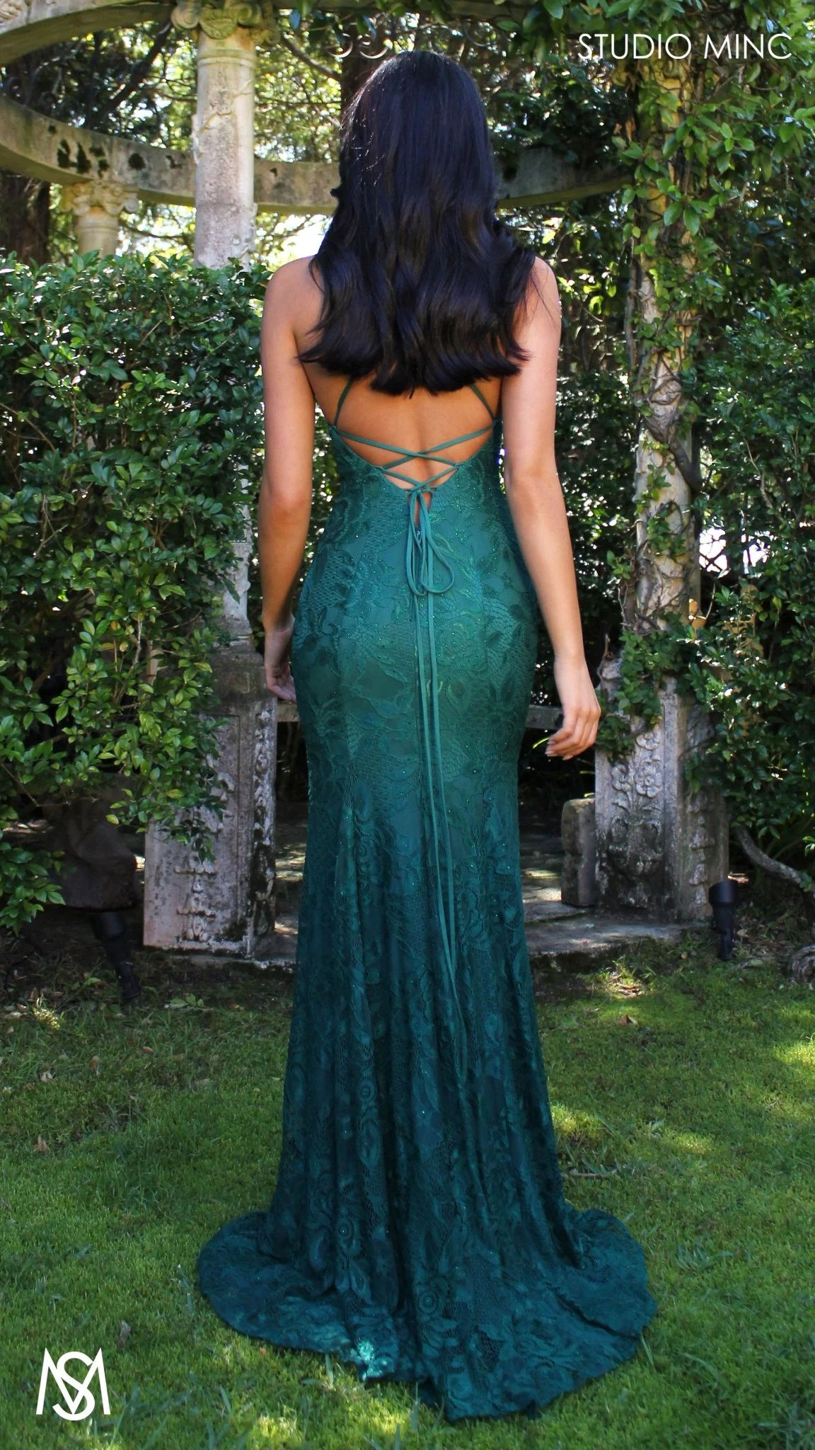 Jasmine - Emerald Green formal dress | lace V neckline fitted mermaid lace up - Image 7
