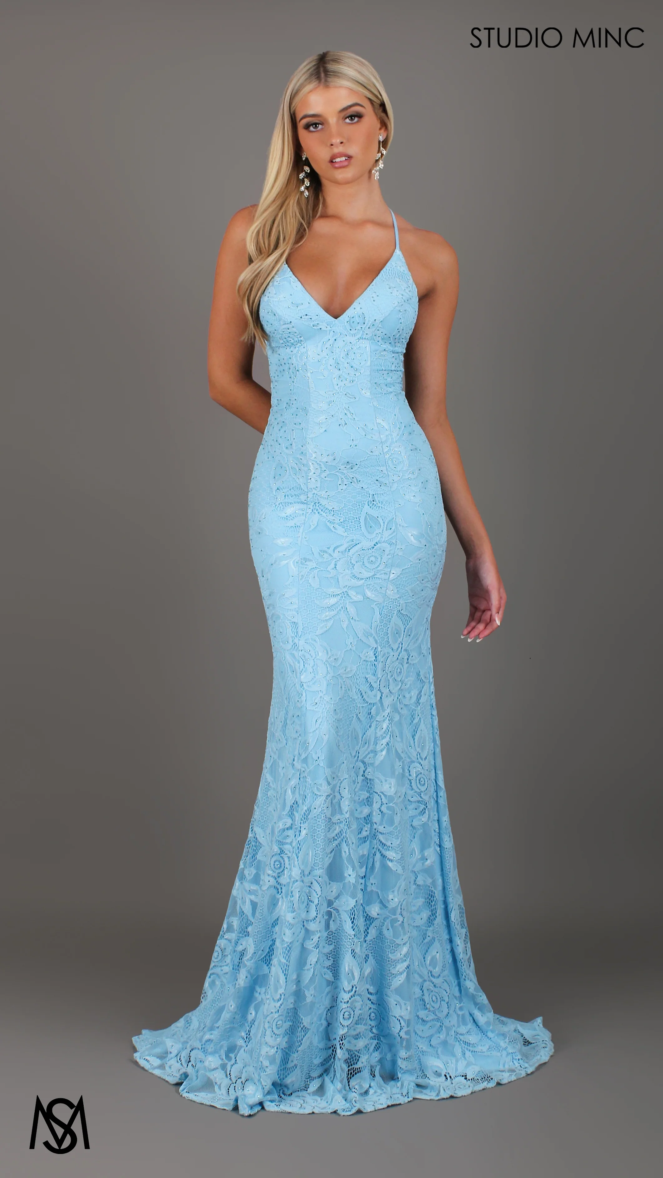 Jasmine - Light Blue formal dress | lace V neckline fitted mermaid lace up - Image 3