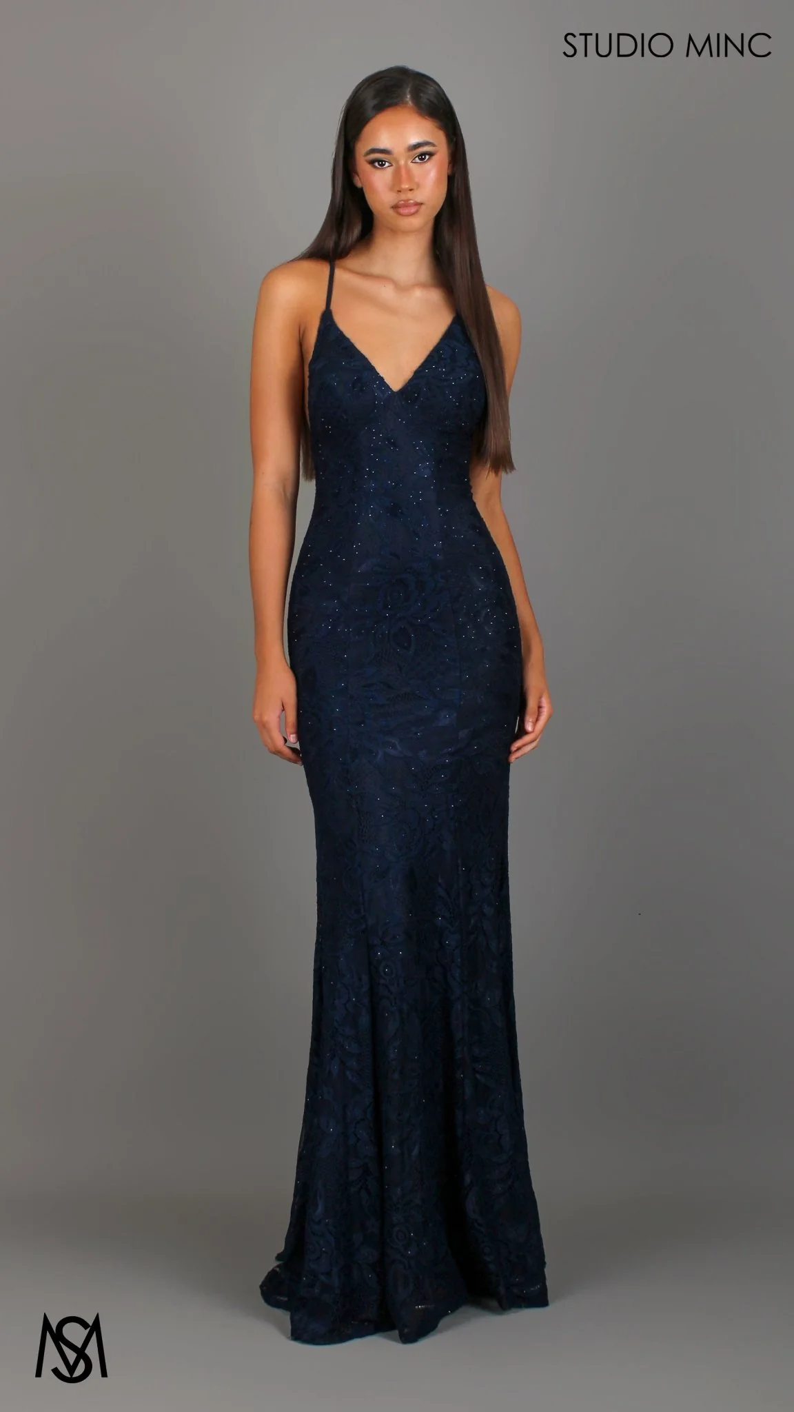 Jasmine - Navy Blue formal dress | lace V neckline fitted mermaid lace up - Image 3