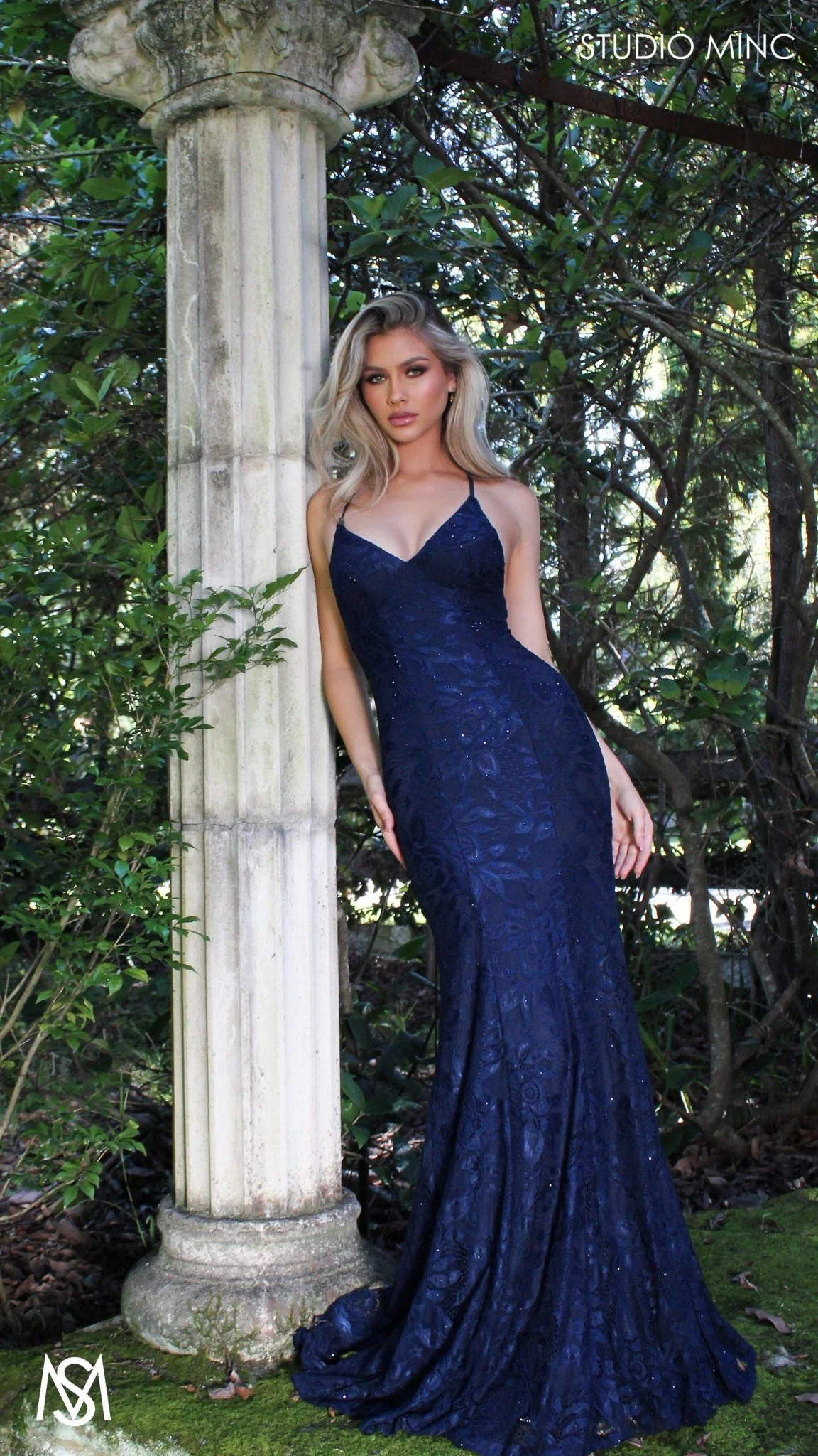 Jasmine - Navy Blue formal dress | lace V neckline fitted mermaid lace up - Image 4