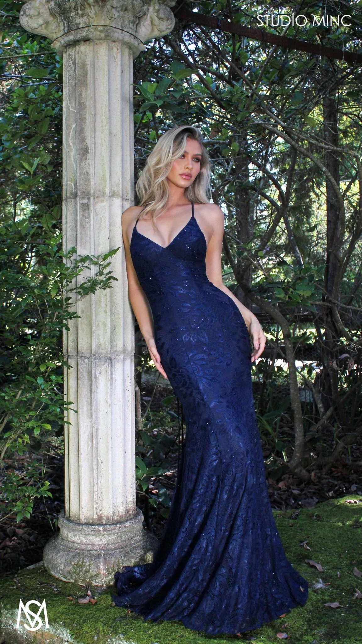 Jasmine - Navy Blue formal dress | lace V neckline fitted mermaid lace up - Image 5