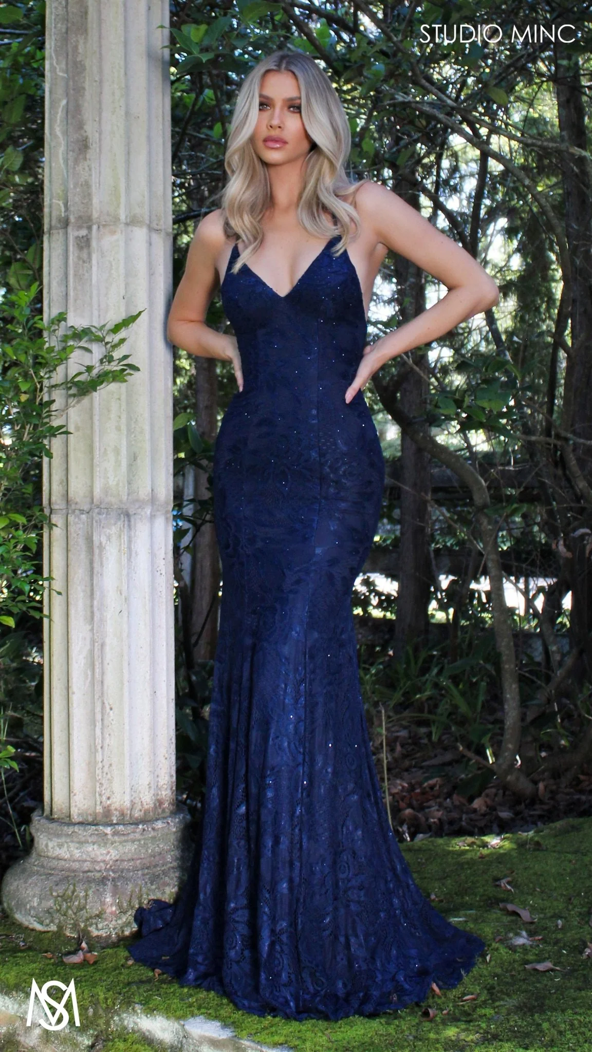 Jasmine - Navy Blue formal dress | lace V neckline fitted mermaid lace up - Image 6
