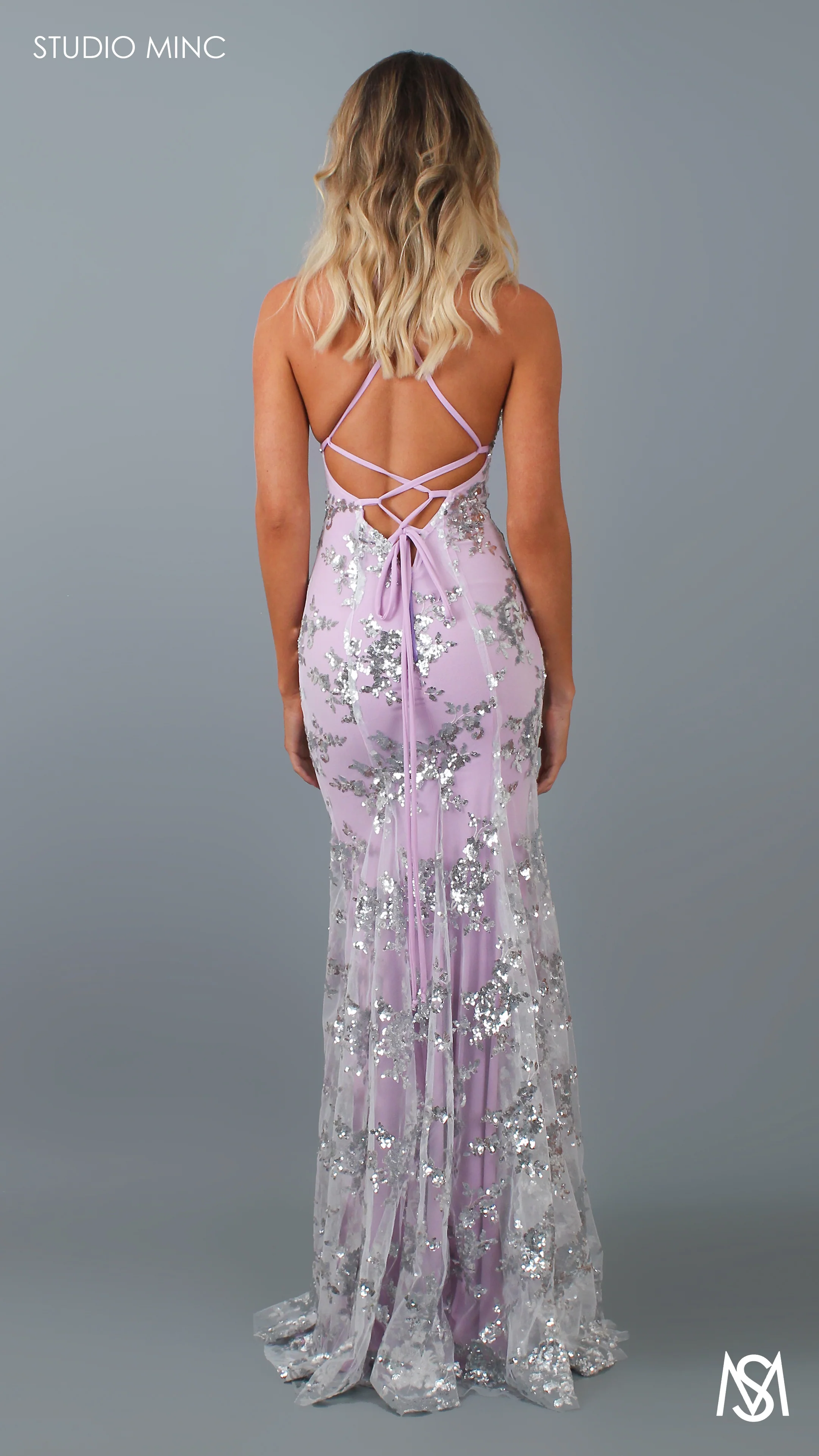 SERENDIPITY - Lavender Purple Formal Dress with Silver Sequin Overlay & Leg Split - Image 5