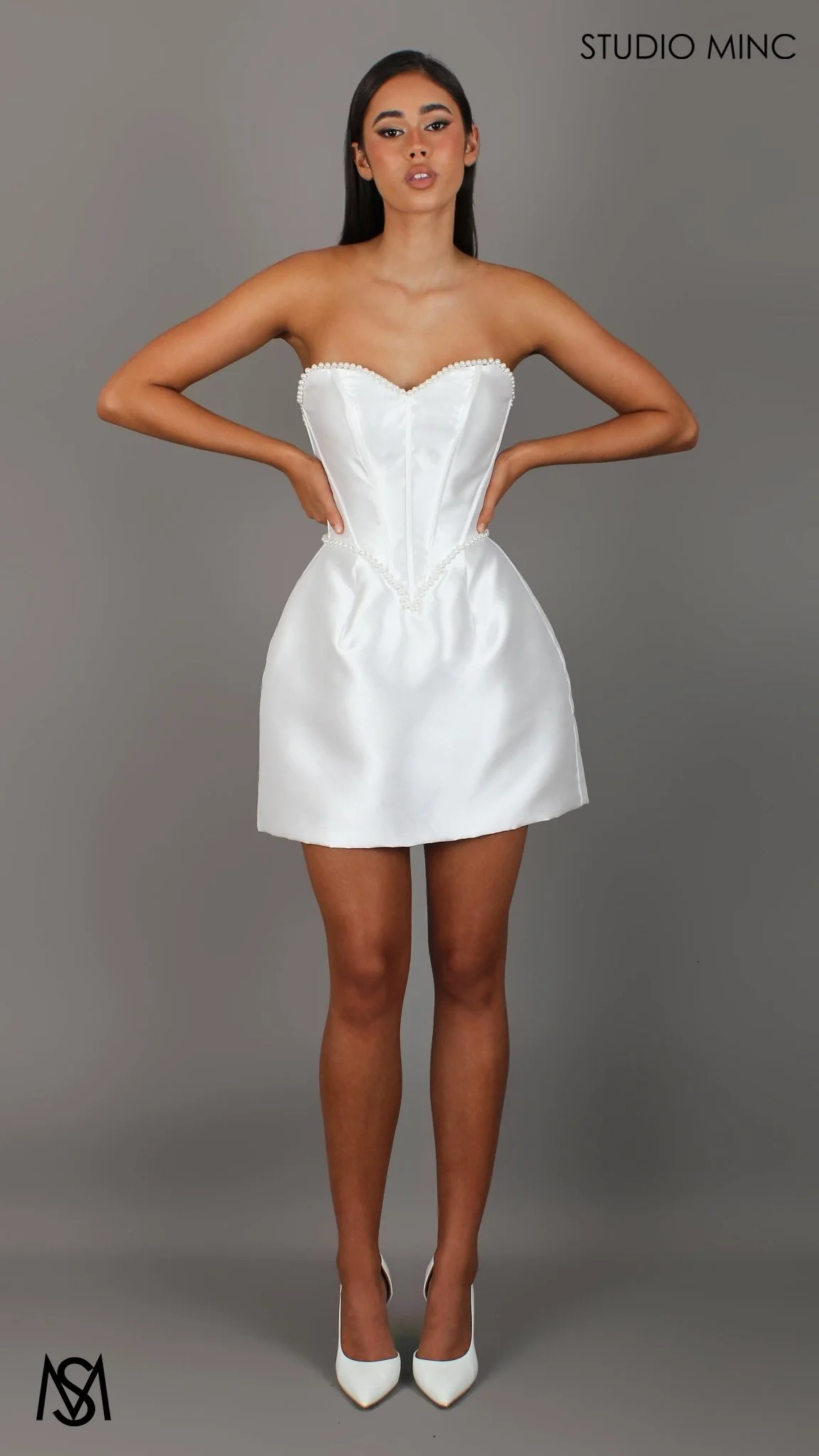 Lovestruck - White Bridal Mini Dress | Satin Corset, Pearl Heart Basque Waist Satin Skirt - Image 3