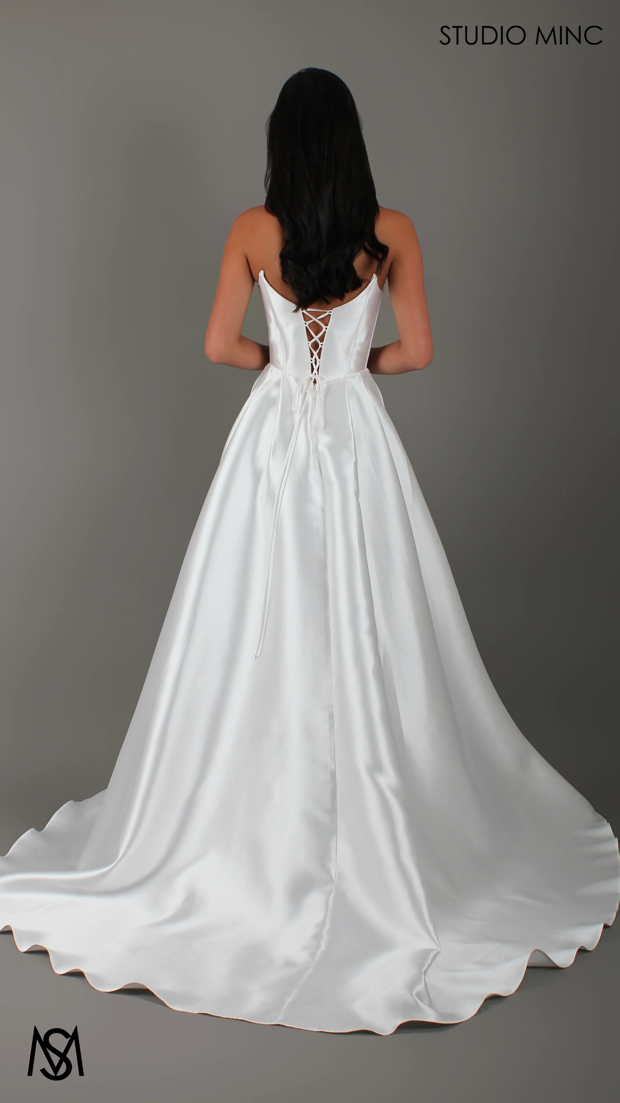 Lunar - White Wedding Dress, satin strapless boned corset net cut outs lace up gown pockets leg slit - Image 4